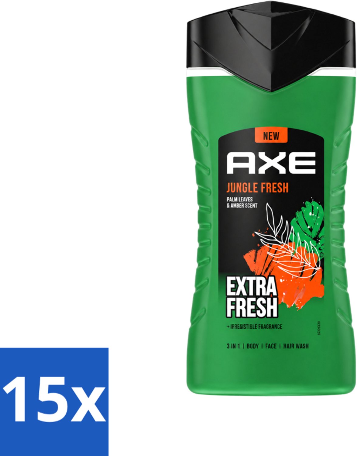 15 x Axe - 3-in-1 Douchegel - Jungle Fresh - Palm Leaves & Amber - Extra Fresh - 250 ml - Voordeelverpakking - 15 stuks