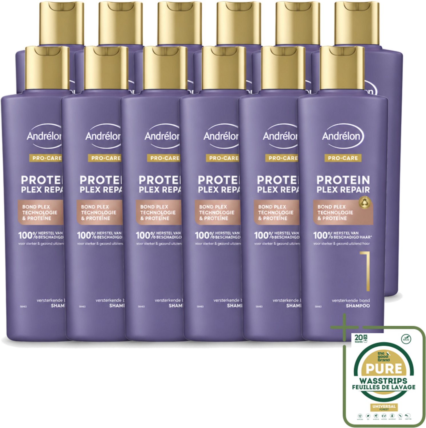 12 x Andrélon – Shampoo – Pro Care Protein Plex Repair – 250 ml - Wasstrips - Haarverzorging - Beschadigd Haar - Haar Herstellen - Proteïne Shampoo - Haarstructuur