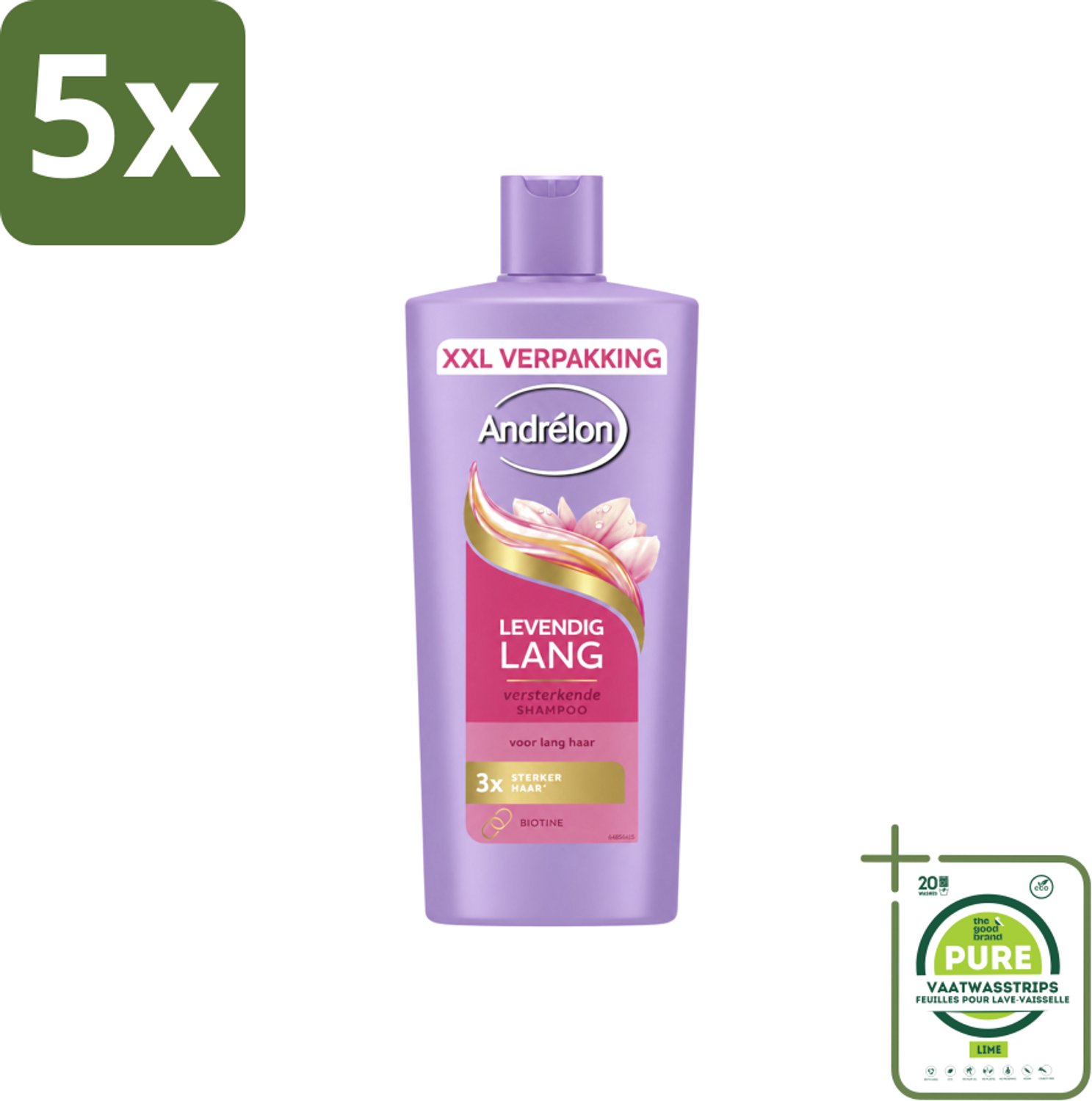 5 x Andrélon – Shampoo – Levendig Lang – 685 ml - Grootverpakking - Vaatwasstrips - Lang Haar Verzorging - Biotine Shampoo - Sterk Haar - Gezond Haar - Haarschade