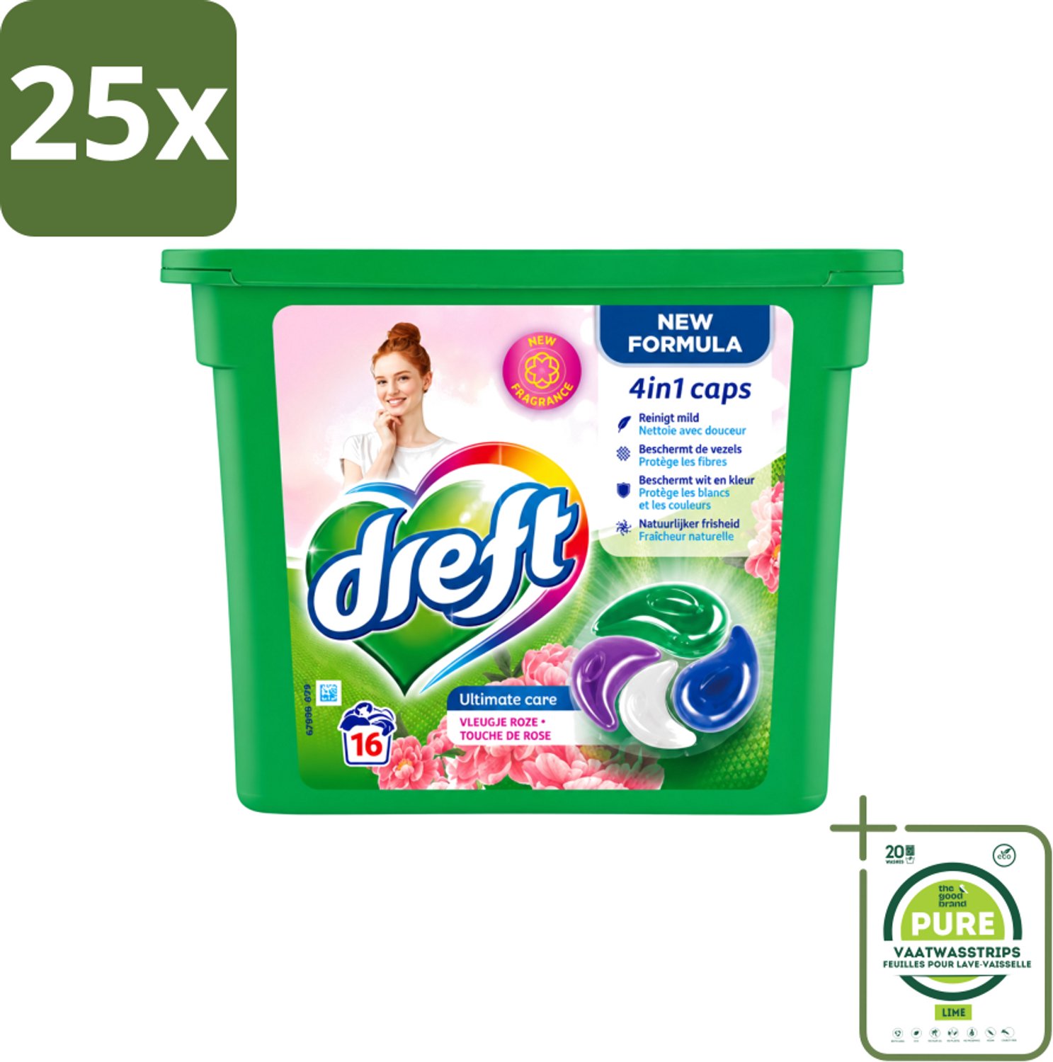25 x Dreft - Nieuwe Formule - Wasmiddelcapsules 4in1 - Witte en Gekleurde Was - Vleugje Roze - 16 Wasbeurten - Grootverpakking - Vaatwasstrips - Wasmiddelcapsules - Wasbeurten - Kleurbescherming - Frisheid - Wasgoed