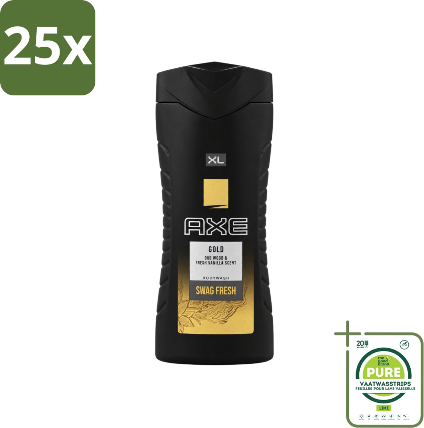 25 x Axe XL - Douchegel - Gold - Oud Wood & Fresh Vanilla - Swag Fresh - 400 ml - Grootverpakking - Vaatwasstrips - Douchegel - Geur - Frisheid - Oud Hout - Verse Vanille