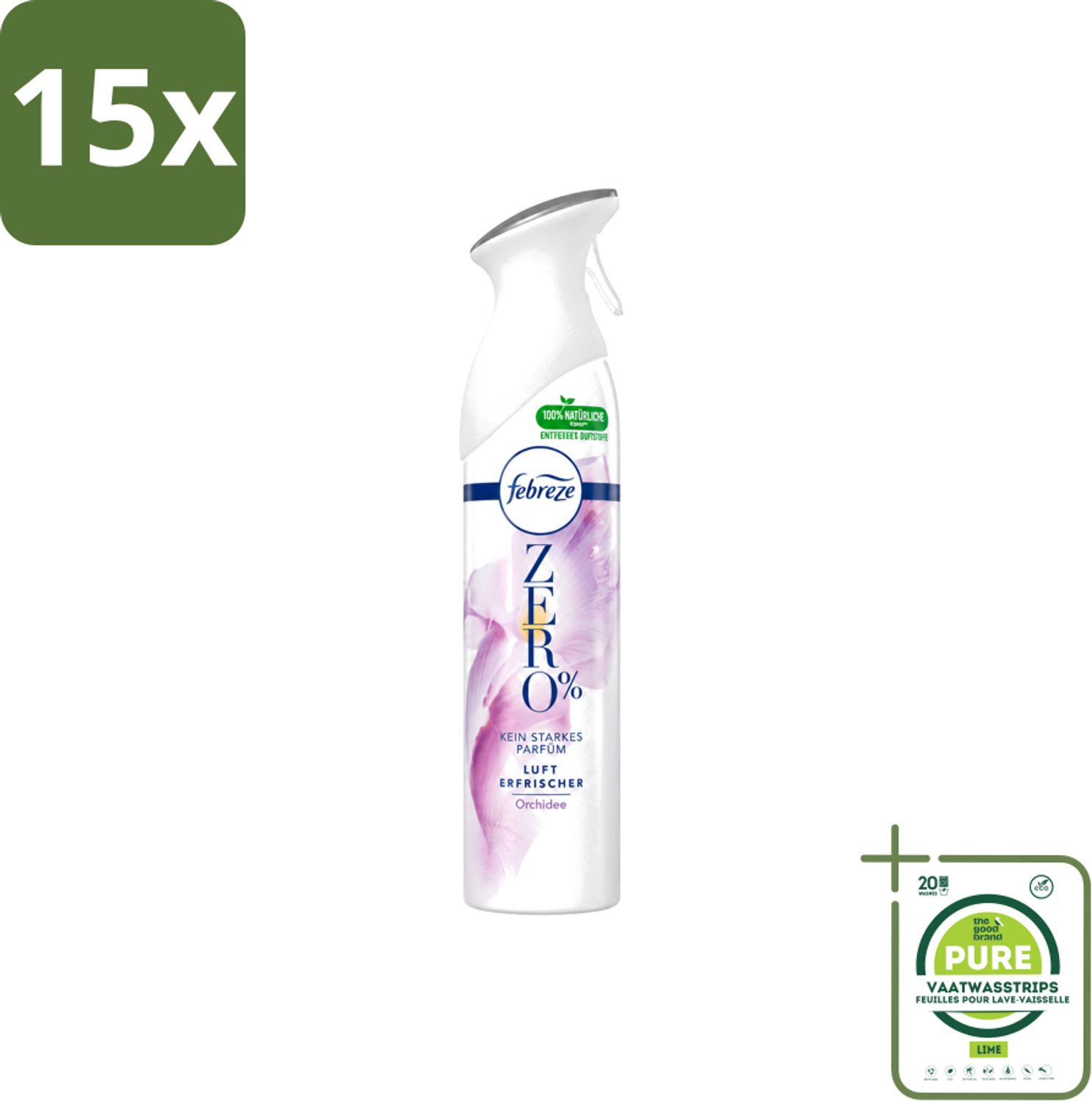 15 x Febreze Spray - Zero % - Orchidee - Luchtverfrisser - 300ml - Grootverpakking - Vaatwasstrips - Luchtverfrisser - Geuren Verwijderen - Orchidee Geur - Frisse Geur - Zero %