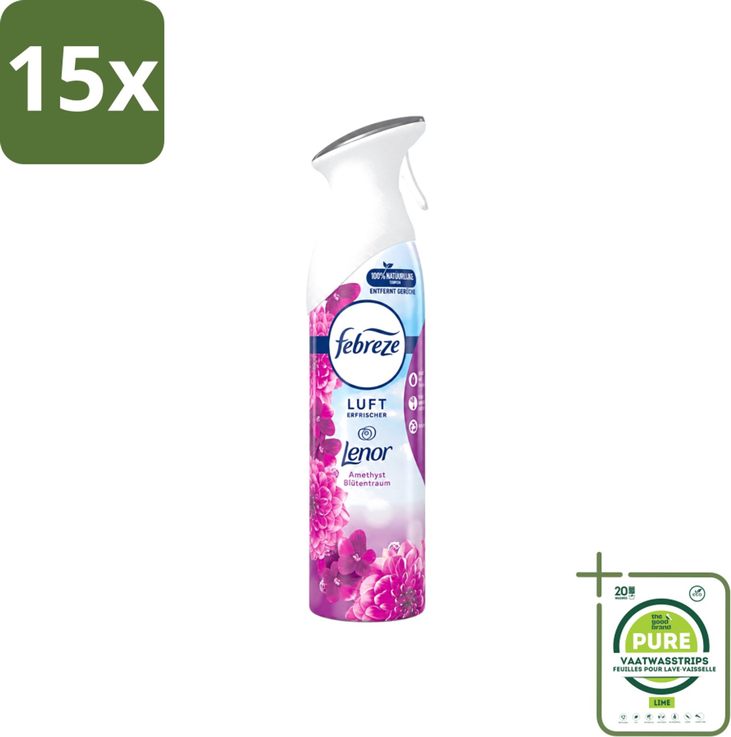 15 x Febreze Amethist Luchtverfrisser Spray - Frisse Bloemen Geur - 300ml - Grootverpakking - Vaatwasstrips - Luchtverfrisser - Geurverwijdering - Frisse Geur - Amethyst - Amethyst Bloesem Droom