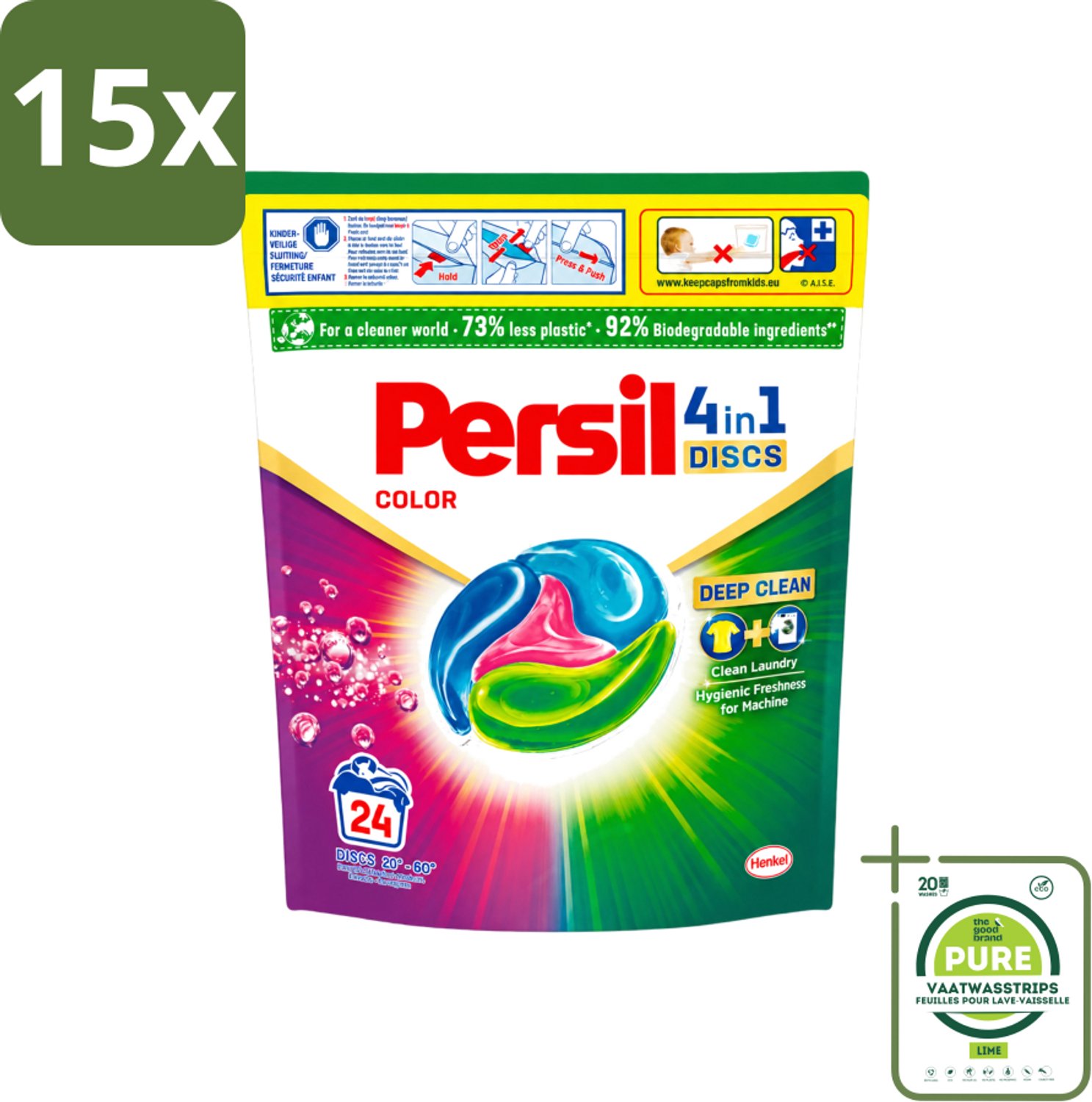 15 x Persil - Wasmiddelcapsules - 4-In-1 Discs - Gekleurde Was - 24 Wasbeurten - Grootverpakking - Vaatwasstrips - Persil 4-in-1 Discs Color - Gekleurde Was - Wasmachine - Vlekverwijdering - Frisse Was
