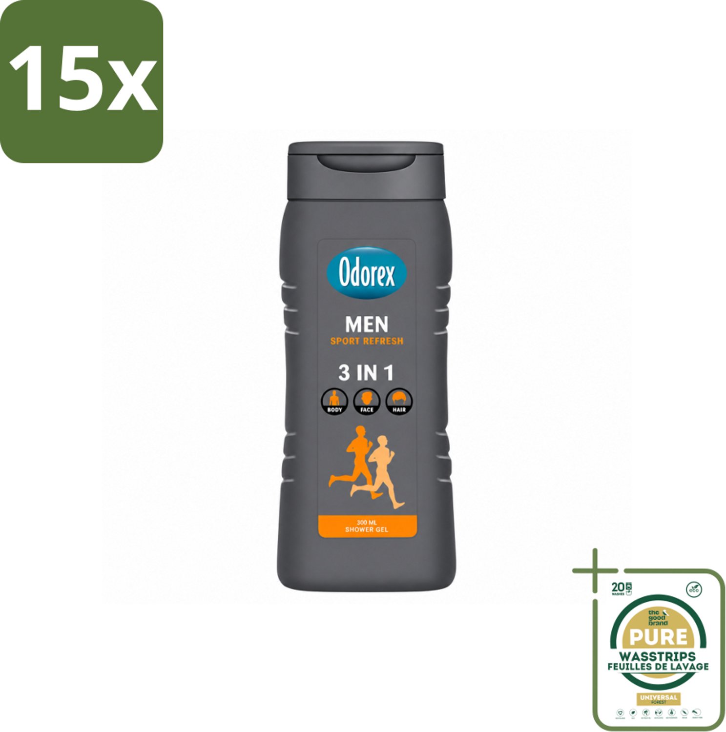 15 x Odorex – Douchegel – For Men Sport Refresh – 300 ml - Wasstrips - Douchegel Voor Mannen - Sportgeur - Frisheid - Verfrissend - Schuim