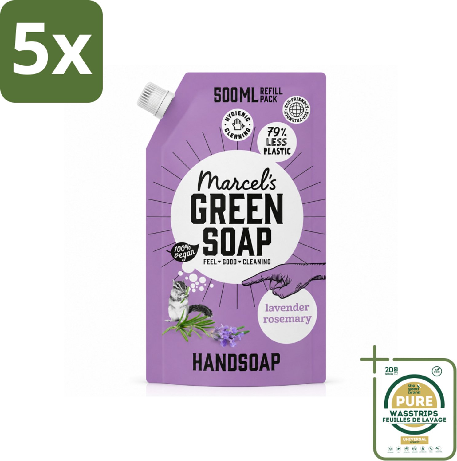 5 x Marcel’s Green Soap – Handzeep Navulling – Lavendel & Rozemarijn – 500 ml - Wasstrips - Handzeep - Natuurlijke Handzeep - Handzeep Lavendel - Handzeep Rozemarijn - Handzeep Navulling