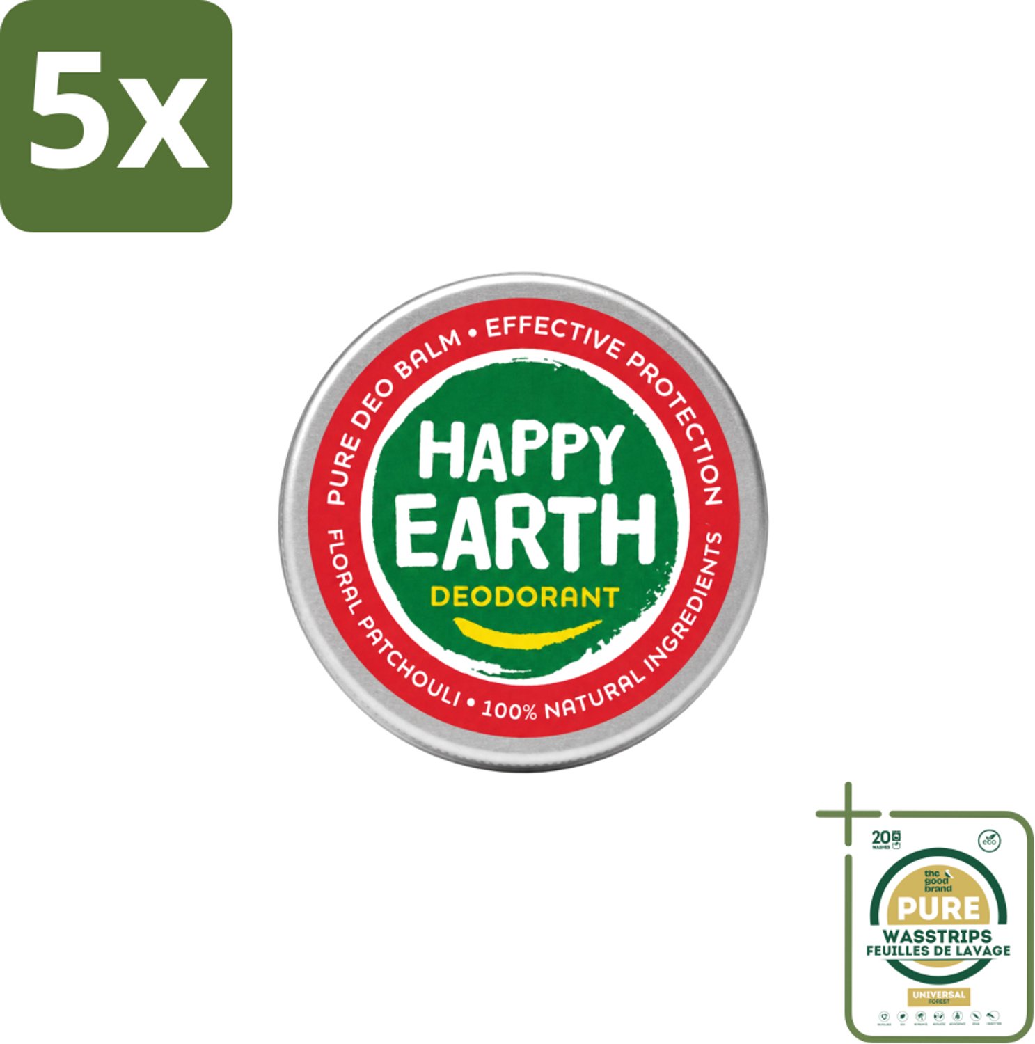 5 x Happy Earth – Deodorant Balm – 100% Natuurlijk Floral Patchouli – 45 g - Wasstrips - 100% Natuurlijke Deodorant - Bloemige Geur - Patchouli - Huidvriendelijk - Anti-geur