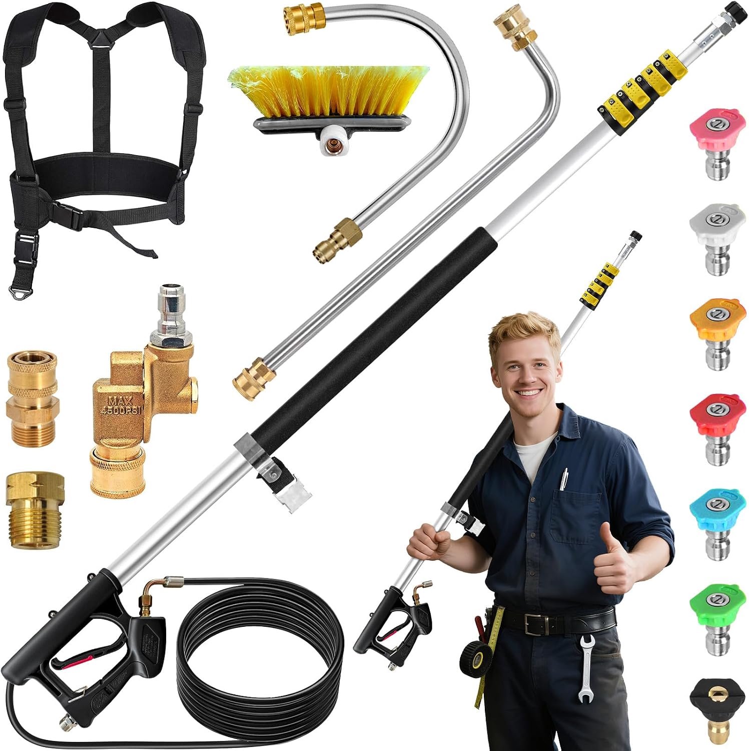 Hogedrukreinigerlans, 7,3 m telescoopstang voor hogedrukreiniger, met 3 verlengingen, 5 sproeiers, 2 koppelingen en draagriem (4000 psi)