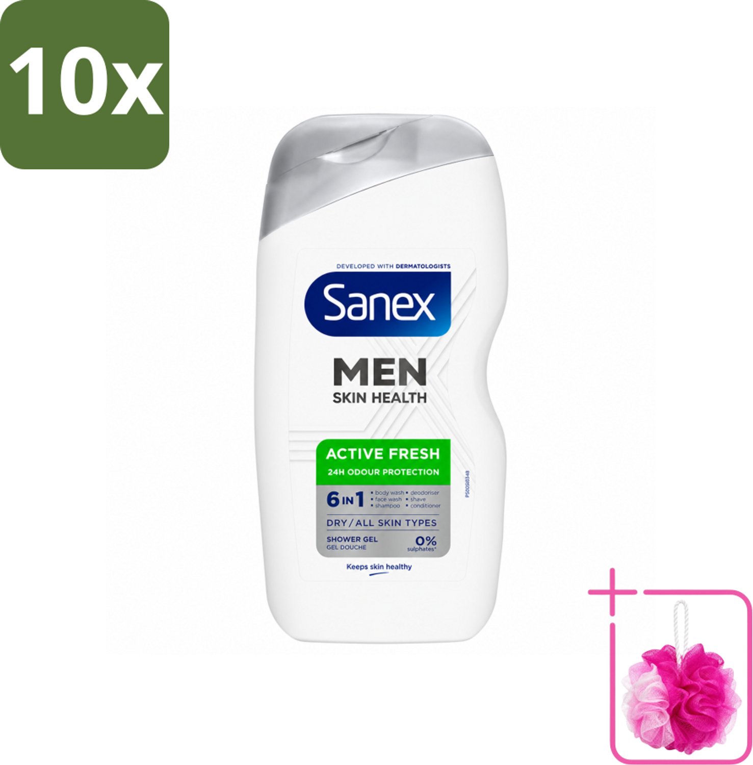 10 x Sanex – Douchegel – Men Active Fresh – 400 ml - Bulkverpakking - Douchegel voor mannen - Douchemop - Frisheid