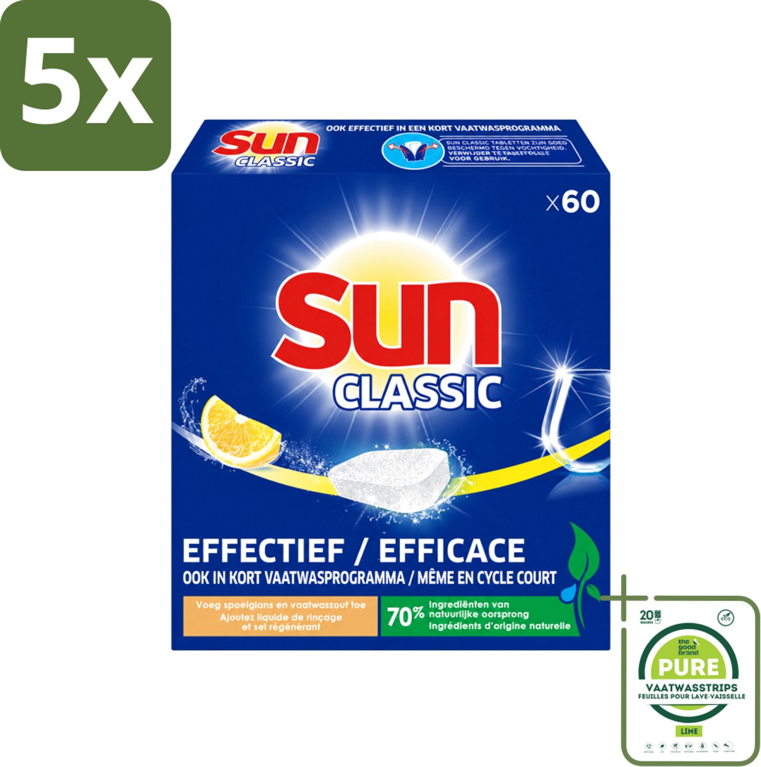 5 x Sun Classic - Vaatwastabletten - Voordeelverpakking - Citroen - 60 Tabletten - Grootverpakking - Vaatwasstrips - Vaatwastabletten - Citroengeur - Vaatwasser - Fosfaatvrije - Milieuvriendelijk
