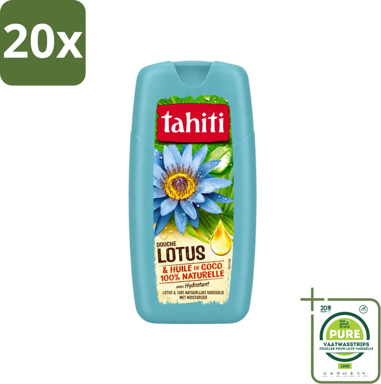 20 x Tahiti - Douchegel - Lotus & Kokosolie - Hydraterend - 250 ml - Grootverpakking - Vaatwasstrips - Douchegel - Kokosolie - Lotus - Hydraterende Douchegel - Huid Verzorging