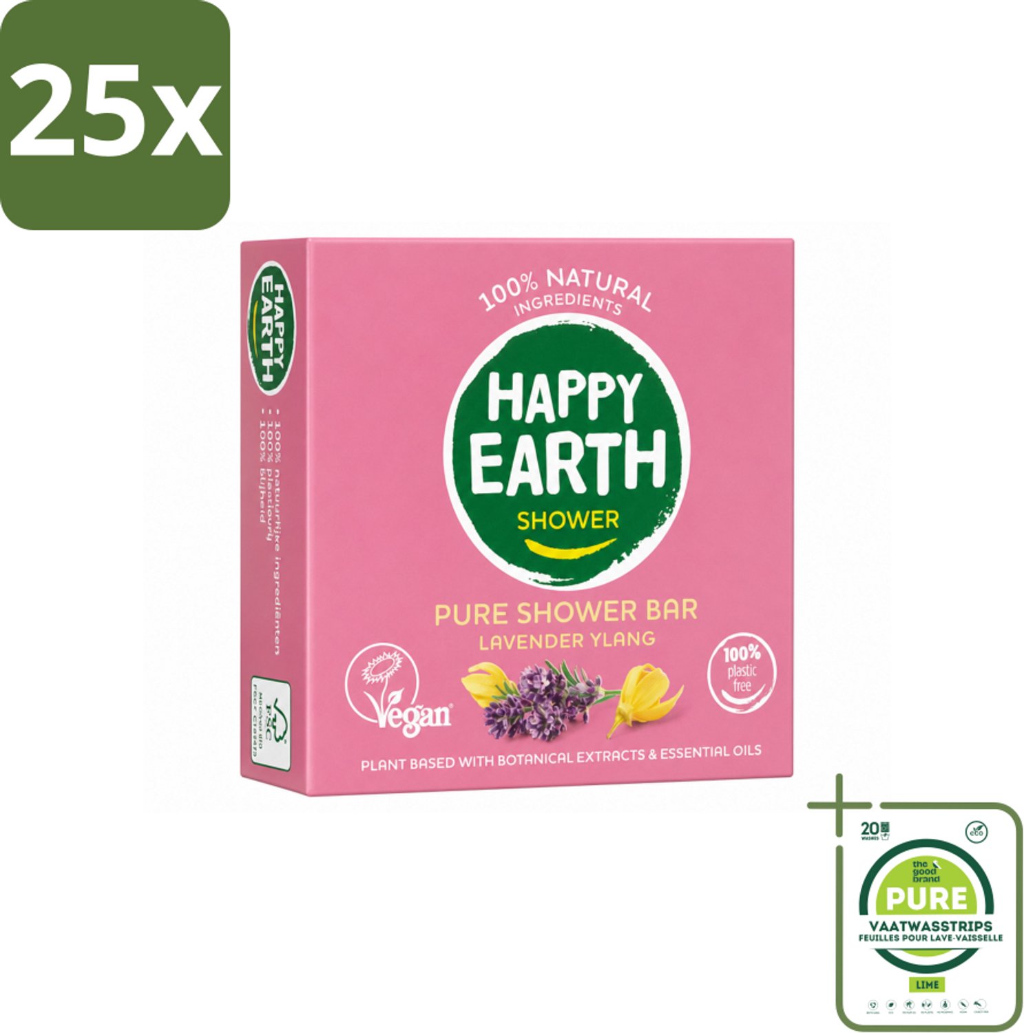 25 x Happy Earth – Shower Bar – 100% Natuurlijk Lavender Ylang – 90 g - Grootverpakking - Vaatwasstrips - Douchegel - Natuurlijke Douchegel - Lavendel - Ylang-ylang - Sheaboter