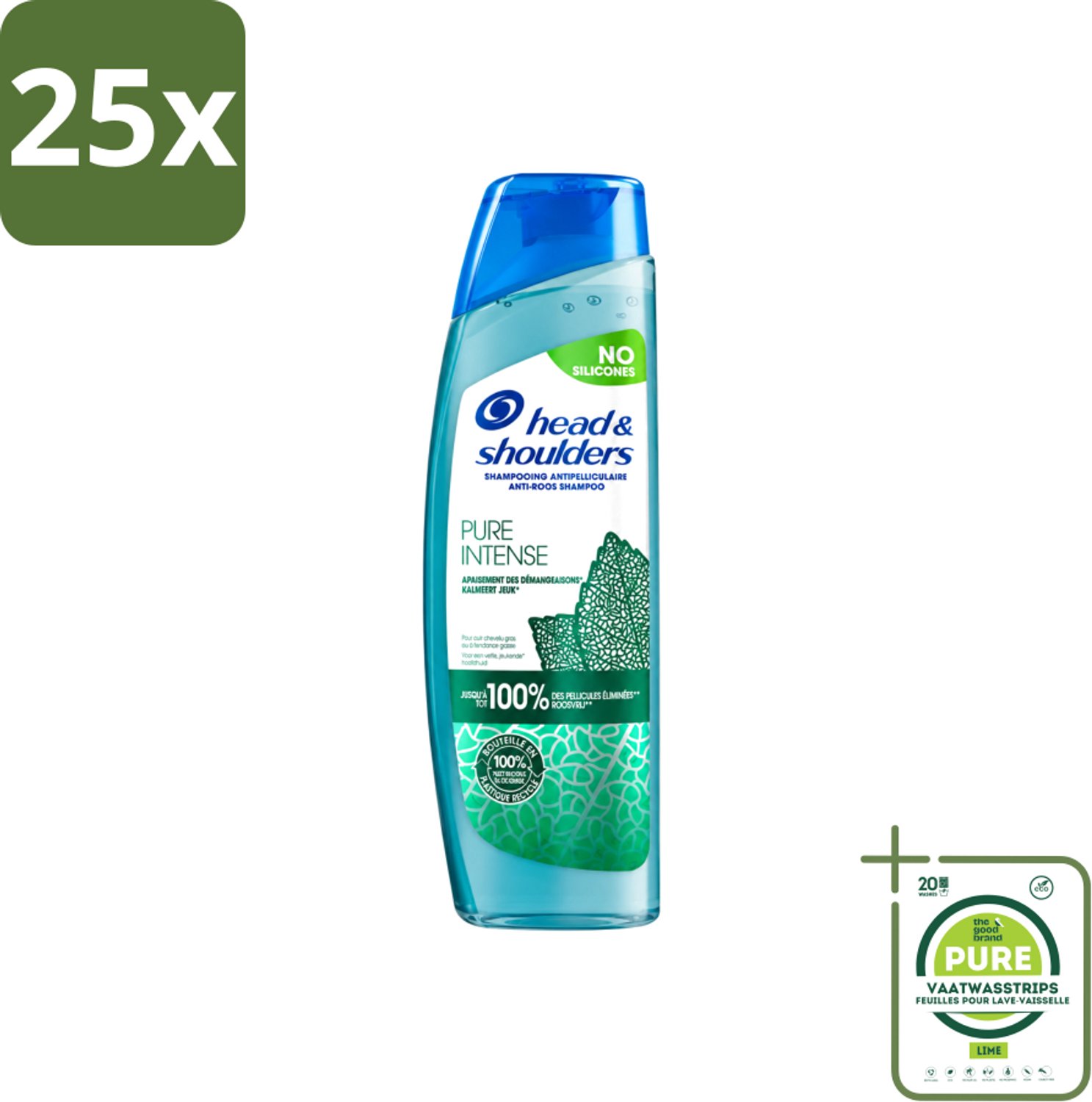 25 x Head & Shoulders – Shampoo – Pure Intense Kalmeert Jeuk – 250 ml - Grootverpakking - Vaatwasstrips - Anti-roos Shampoo - Shampoo Bij Jeukende Hoofdhuid - Pepermunt Shampoo - Siliconenvrije Shampoo - Roosvrije Shampoo