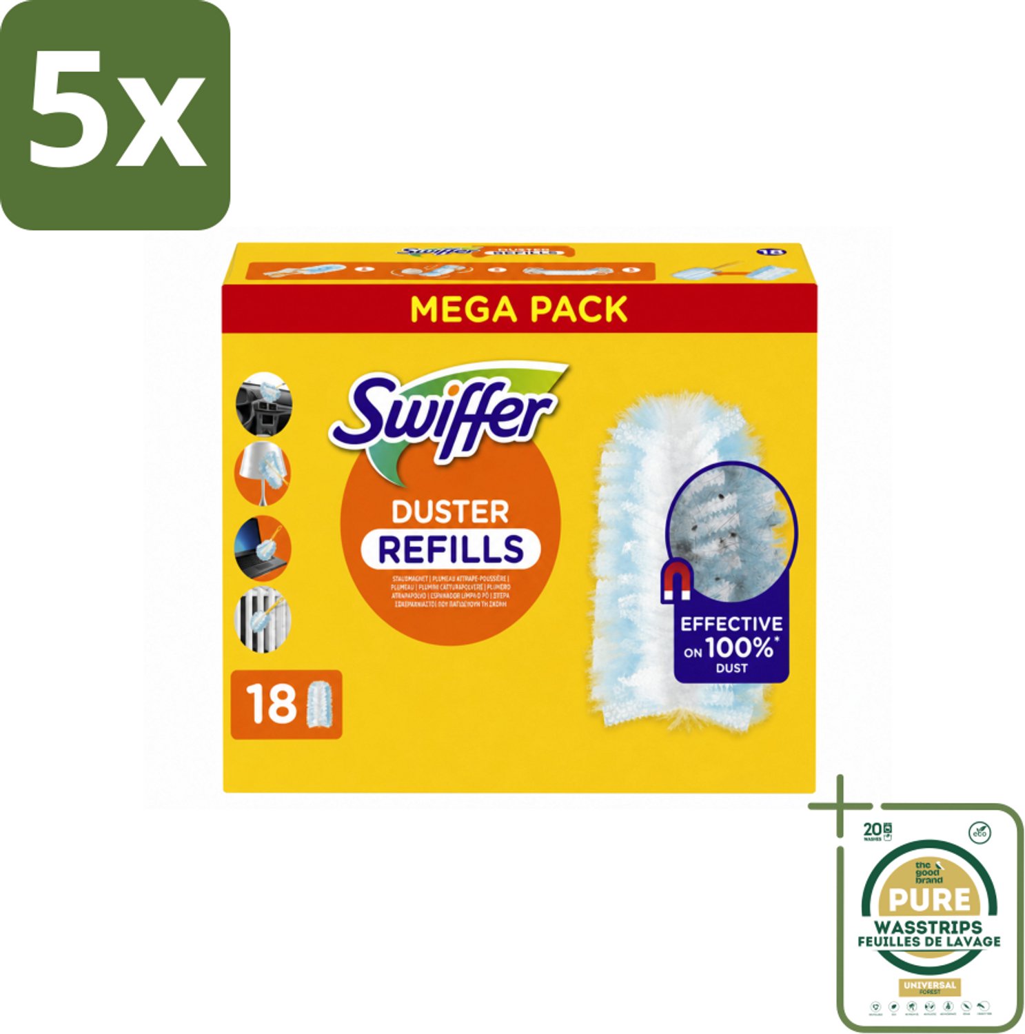 5 x Swiffer - Duster – Voor Stofwisser – 18 navullingen - Wasstrips - Stofwisser Navullingen - Stofwisser - Stofwisser Voor Meubels - Stofwisser Voor Plinten - Stofwisser Voor Radiatoren