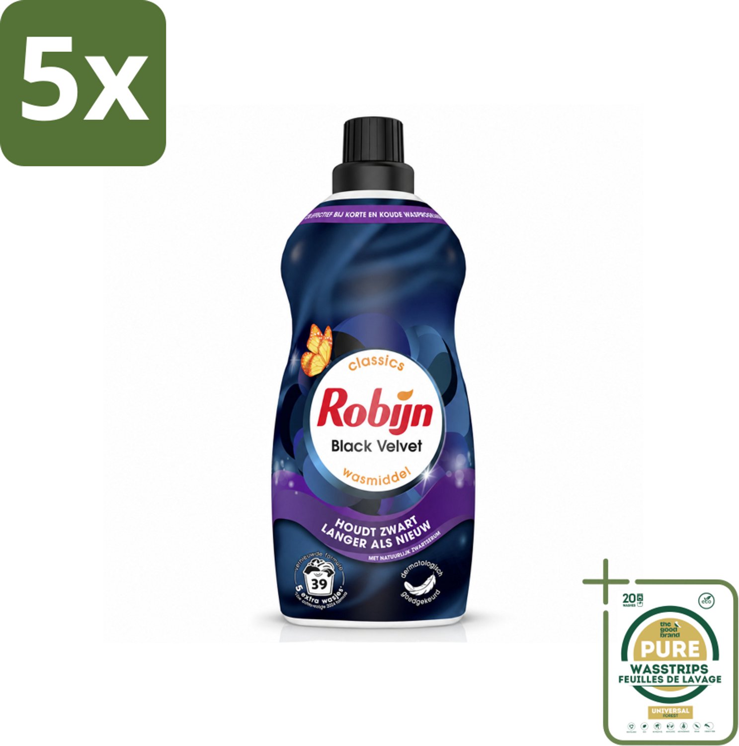 5 x Robijn – Vloeibaar Wasmiddel – Klein & Krachtig Black Velvet – 1,19 L - Wasstrips - Zwarte Was - Donkere Was - Wasmiddel Zwart - Wasmiddel Donker - Kleurbehoud