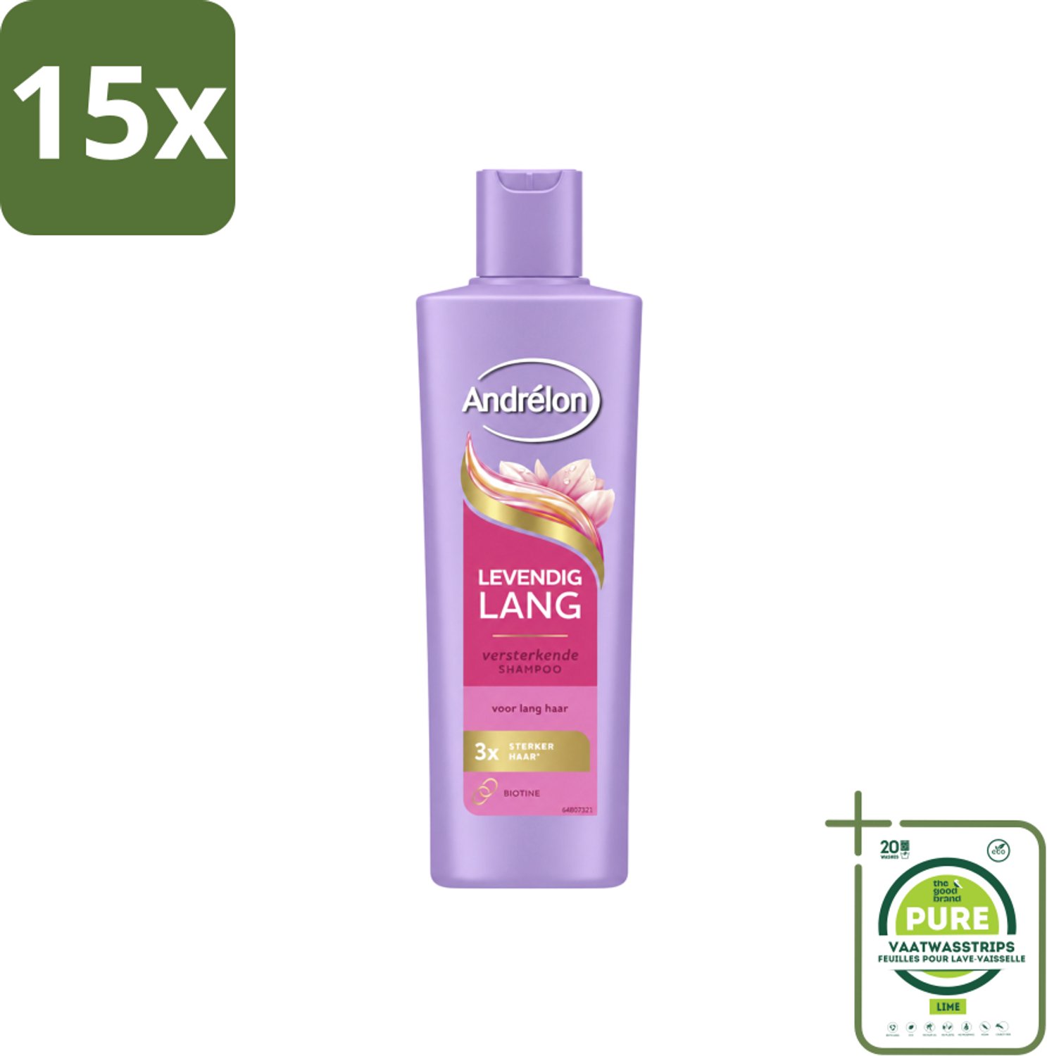 15 x Andrélon – Shampoo – Levendig Lang – 250 ml - Grootverpakking - Vaatwasstrips - Lang Haar Verzorging - Haar Versterken - Biotine Shampoo - Haarbreuk Voorkomen - Gespleten Punten