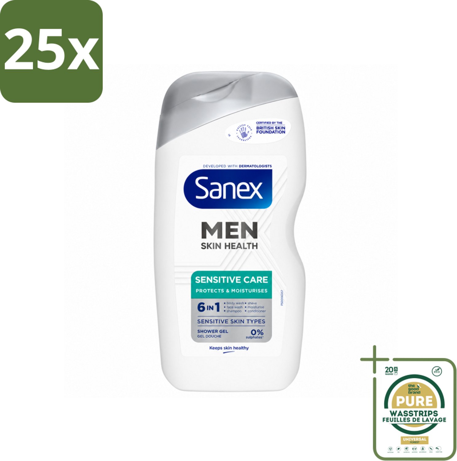 25 x Sanex – Douchegel – Men Sensitive – 400 ml - Wasstrips - Douchegel Mannen - Gevoelige Huid - Gevoelige Mannenhuid - Milde Douchegel - Gezichtsverzorging