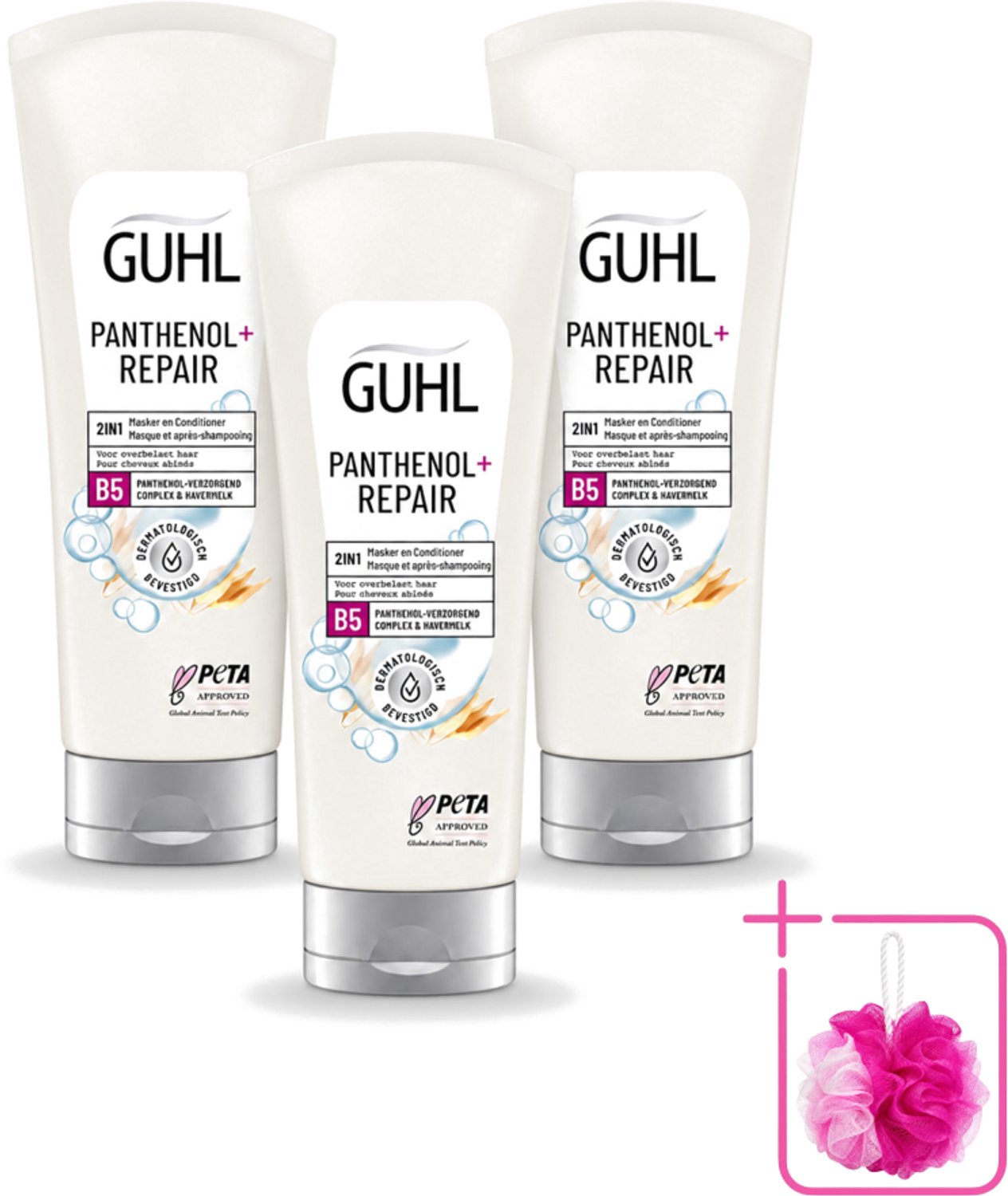 3 x Guhl – 2-in-1 Masker & Conditioner – Panthenol+Repair – 200 ml - Bulkverpakking - Haarmasker - Douchemop - Conditioner