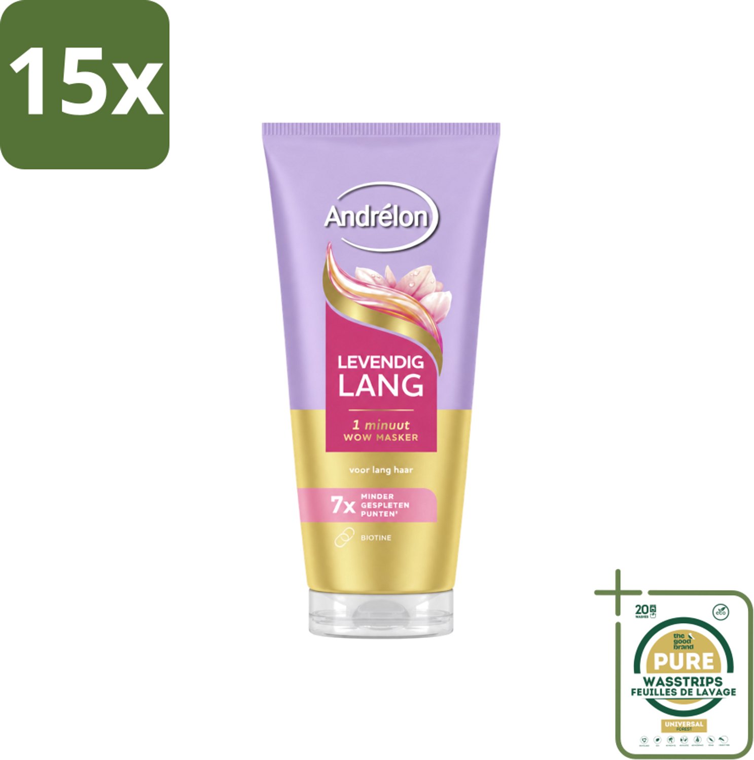 15 x Andrélon – Haarmasker WOW – Levendig Lang – 180 ml - Wasstrips - Haarversterking - Haarverzorging - Haarbreuk - Gespleten Punten - Biotine