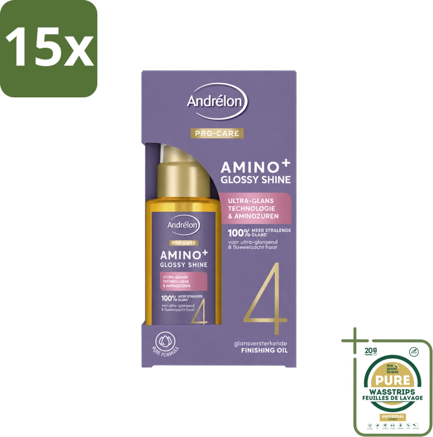 15 x Andrélon – Finishing Oil – Pro Care Amino+ Glossy Shine – 50 ml - Wasstrips - Haarverzorging - Haaroppervlak - Glans - Haarpunten - Pluiscontrole