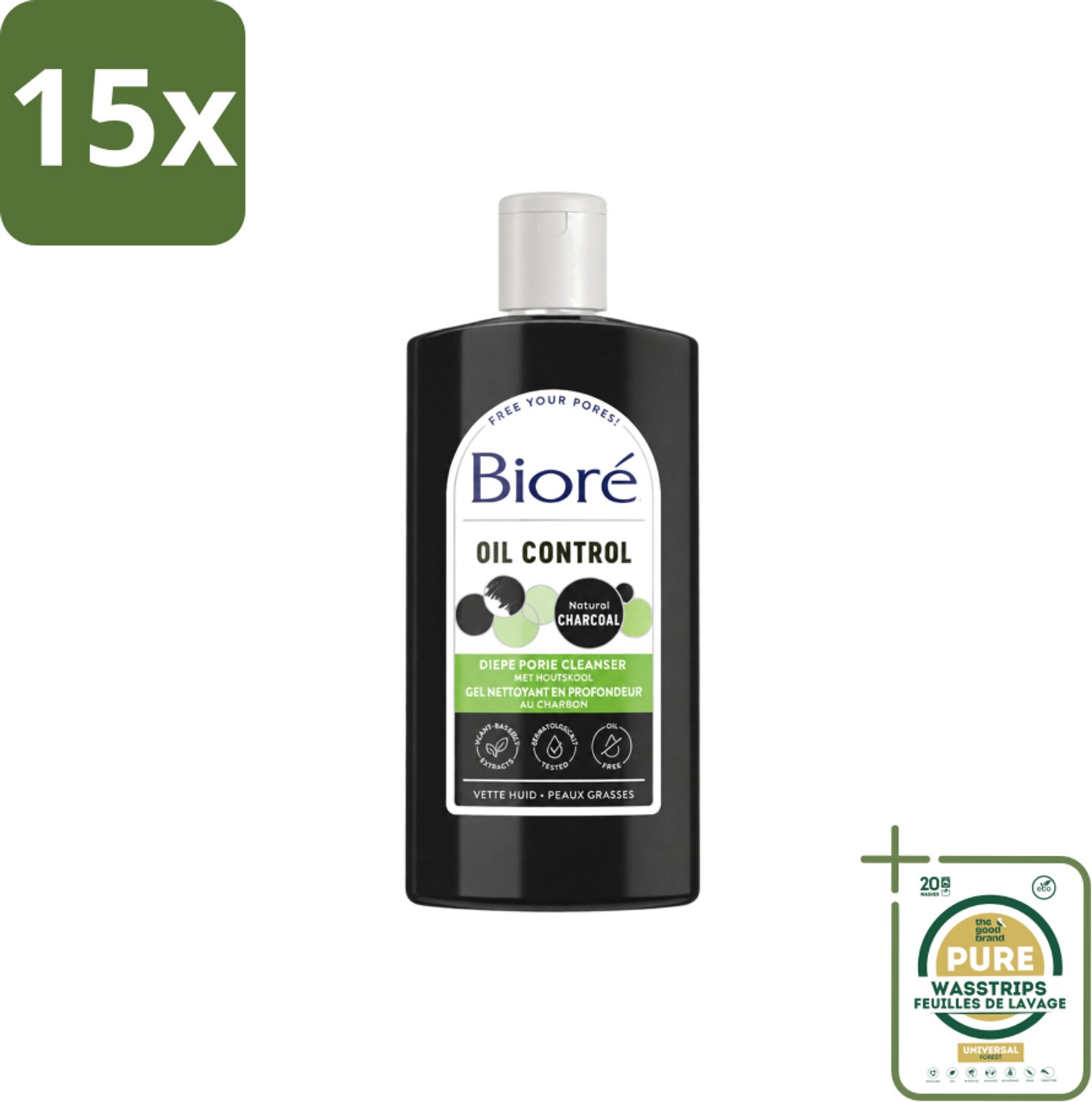 15 x Bioré – Houtskool Reinigingsgel – Gezichtsreiniger – 200 ml - Wasstrips - Gezichtsreiniger - Houtskool - Diepe Reiniging - Poriën Reinigen - Vet Huid