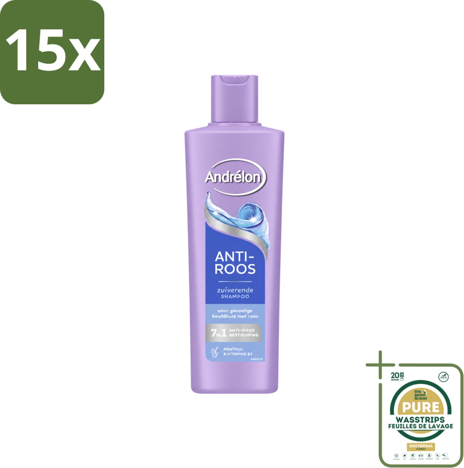 15 x Andrélon – Shampoo – Anti Roos – 250 ml - Wasstrips - Anti-roos Shampoo - Roos - Gevoelige Hoofdhuid - Menthol - Vitamine B3