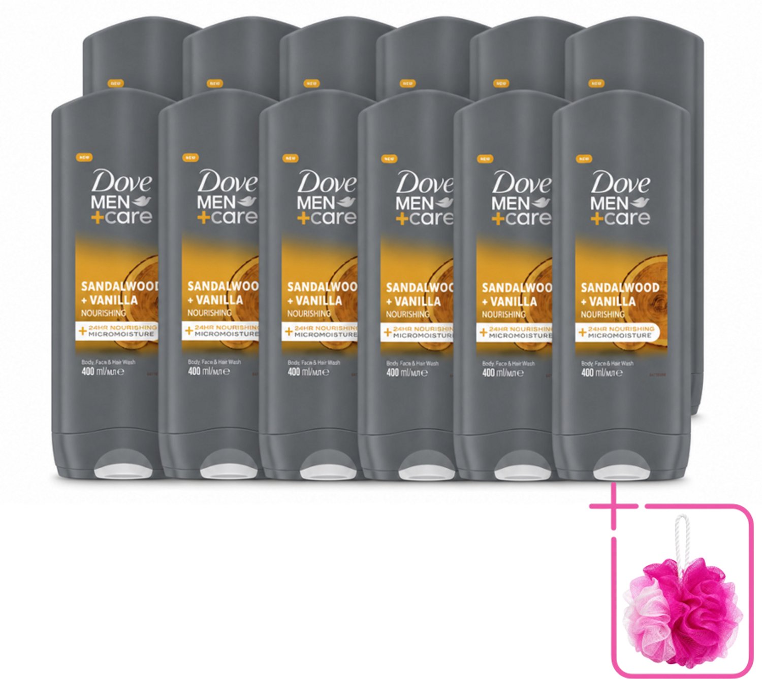 12 x Dove – Douchegel – Men+Care Sandalwood & Vanilla – 400 ml - Bulkverpakking - Douchegel mannen - Douchemop - Reiniging mannenhuid