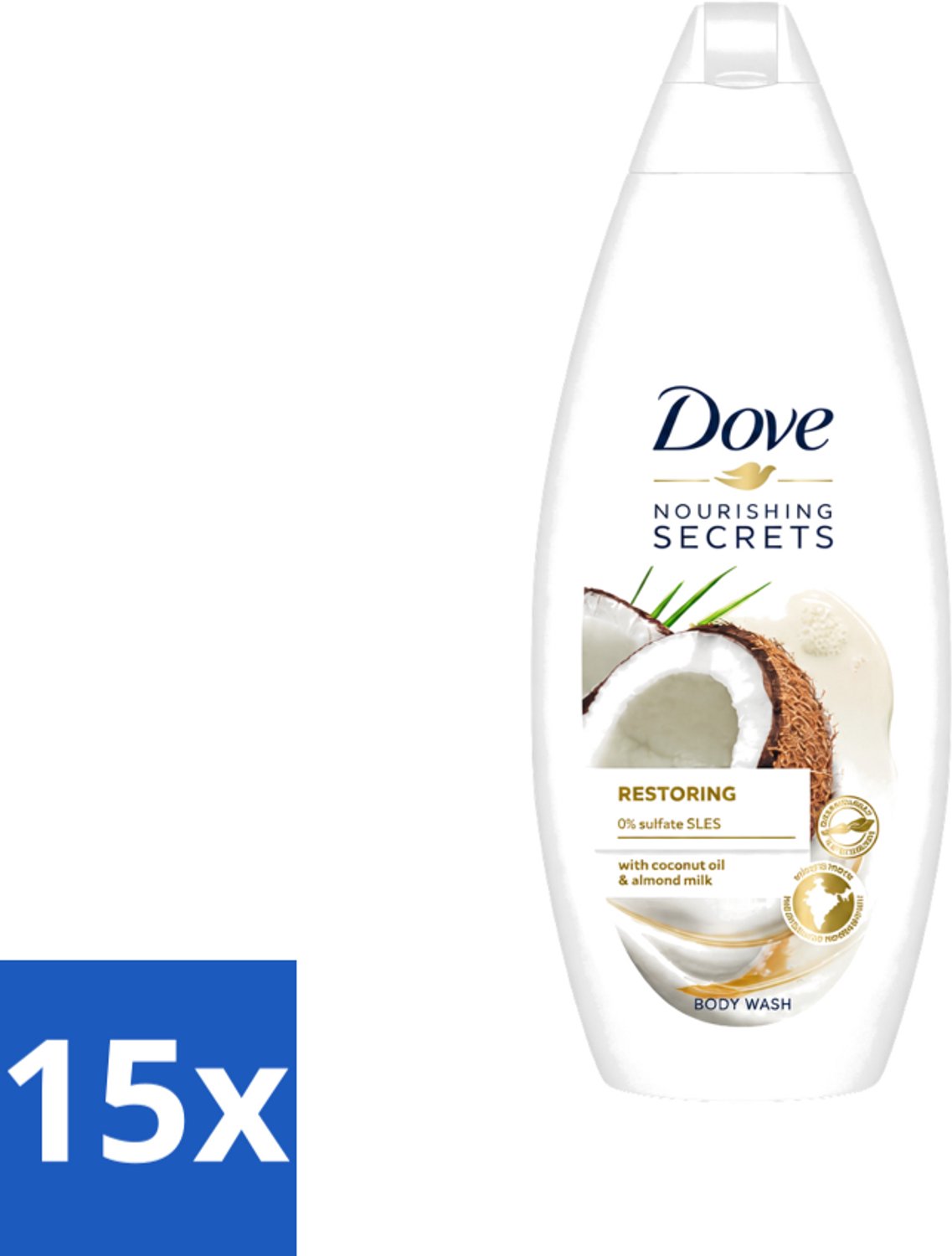 15 x Dove Nourishing Secrets - Douchegel - Kokosolie & Amandel melk - Sulfaatvrij - 250 ml - Voordeelverpakking - 15 stuks