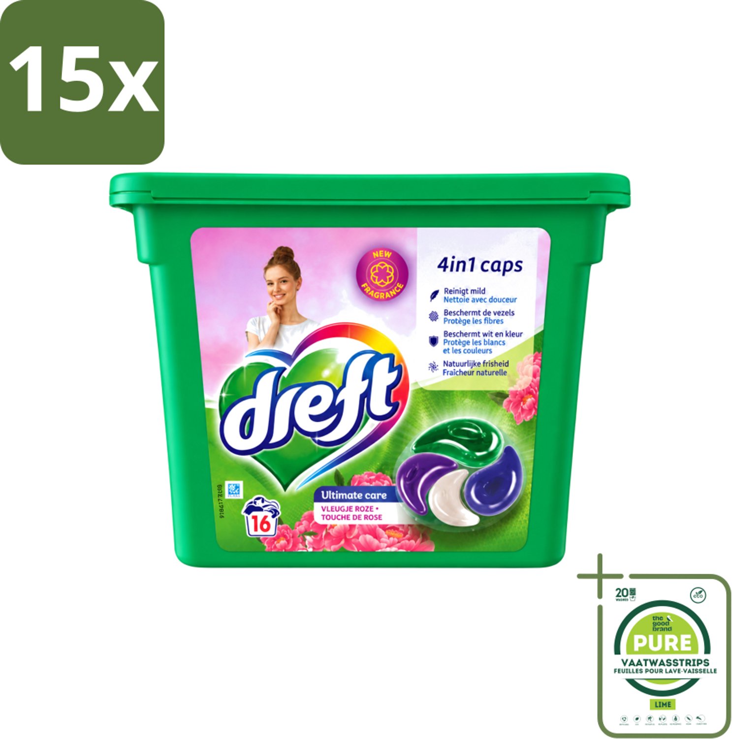 15 x Dreft - Wasmiddelcapsules 4in1 - Witte en Gekleurde Was - Vleugje Roze - 16 Wasbeurten - Grootverpakking - Vaatwasstrips - Wasmiddelcapsules - Was - Kleurenbeschermer - Vlekkenverwijdering - Frisse Geur
