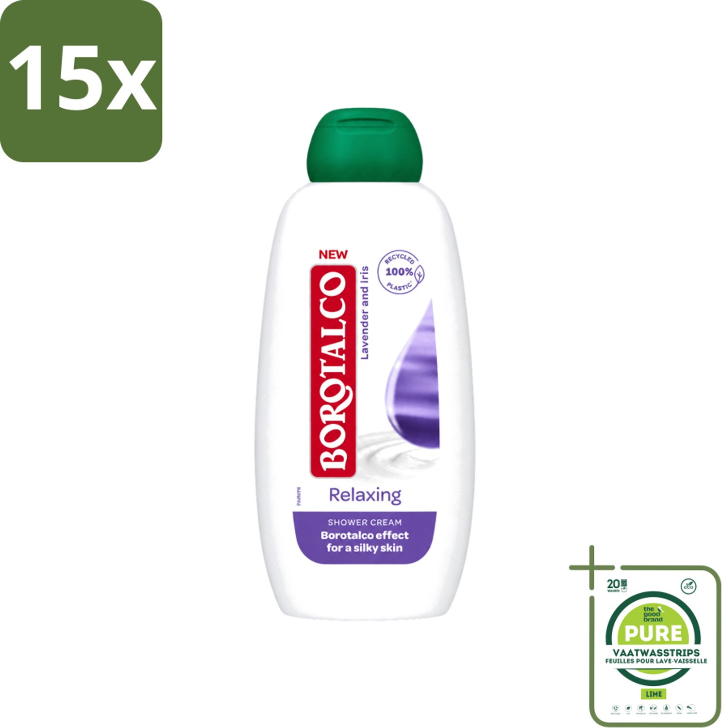 15 x Borotalco - Douchegel - Relaxing - Lavender & Iris - 250 ml - Grootverpakking - Vaatwasstrips - Douchegel - Ontspanning - Lavendel - Iris - Huidverzorging