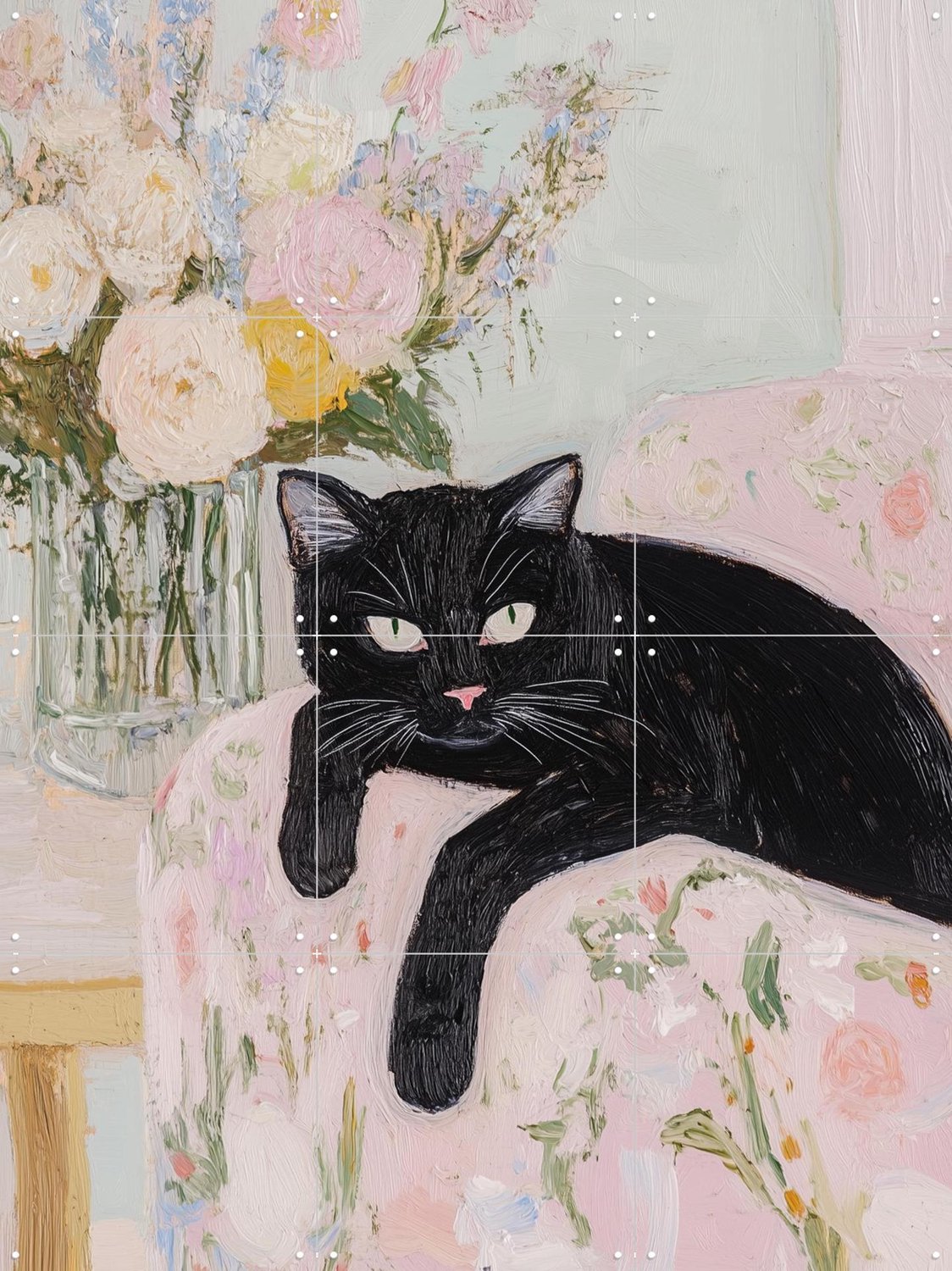 IXXI Black Cat Floral Charm, Andreas Magnusson & Various - 60 x 80 cm - Grote wanddecoratie en posters - Schilderijen, Vintage, Woonkamer, Gang Roze / Zwart