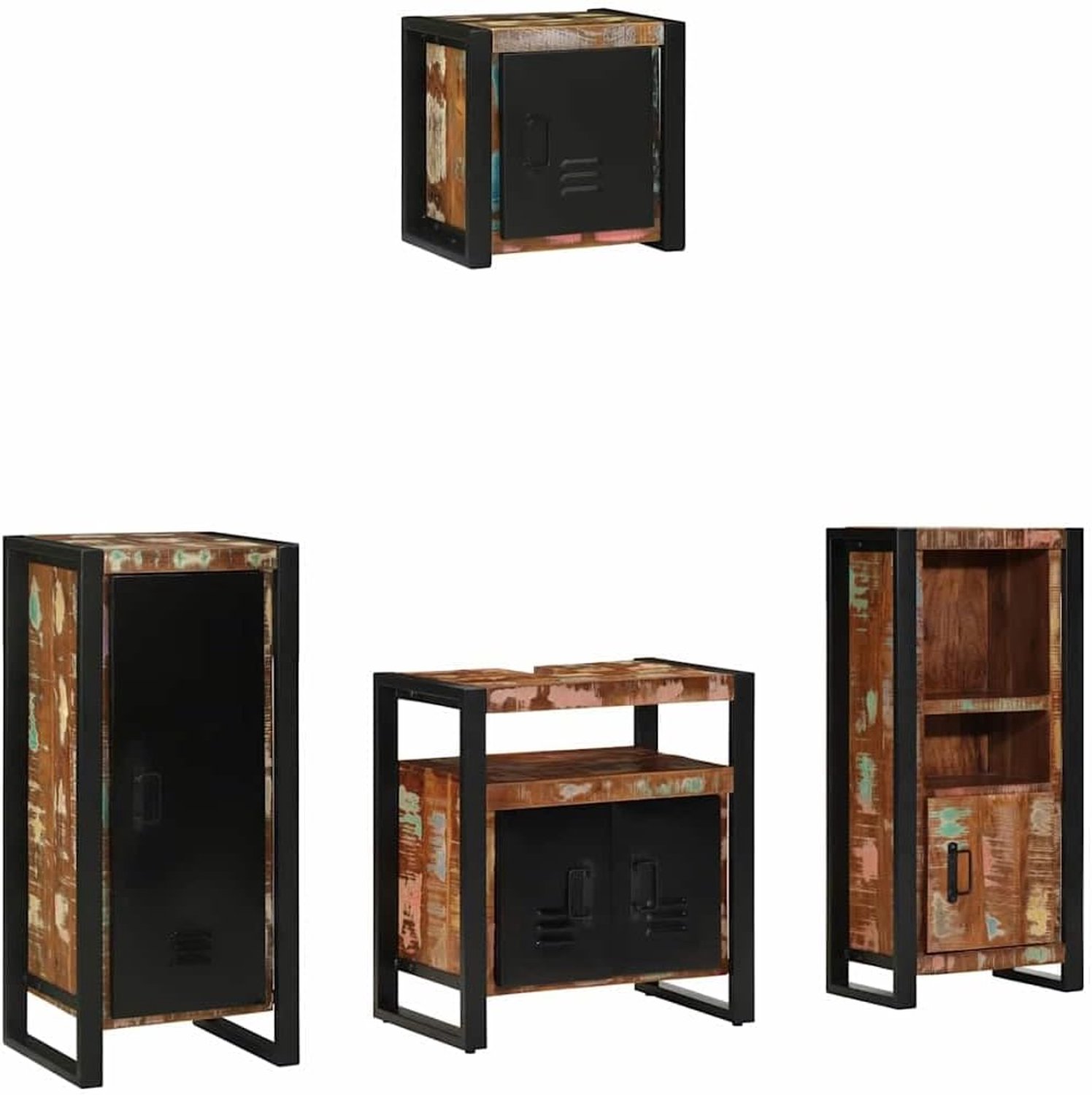 Badkamermeubelset van massief hout en ijzer, 4-delig met vrijstaande kast en twee wandgemonteerde kasten, ruimtebesparend design voor kleine badkamers