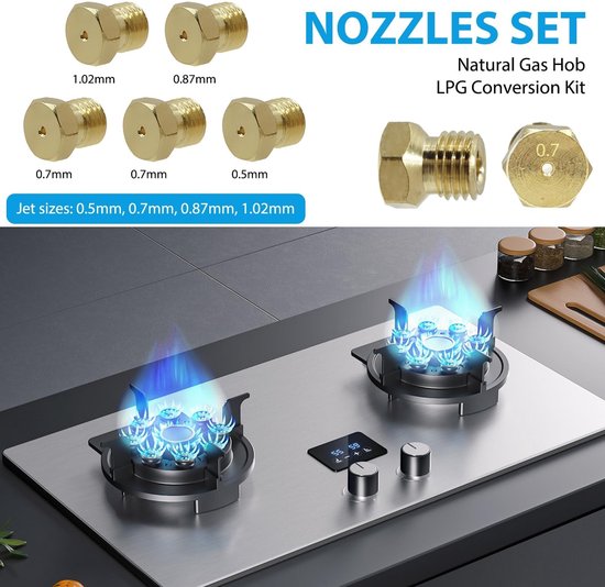 LPG-sproeiers set van 5 - messing - universeel - vervanging - gasfornuis - kookplaten - verschillende maten 0,5-0,95 mm - Gasinjectoren — afbeelding 5