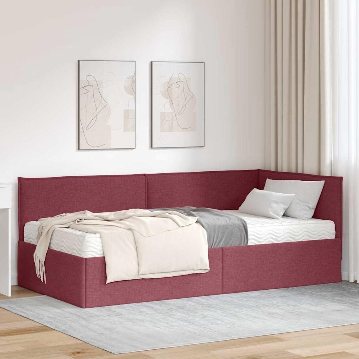 2 stuks met matras en hoofdeinde, grijs fluwelen hoekbedframe met schuimrubberen matras, converteerbaar multiplex frame, wandgemonteerde polyester rugleuning