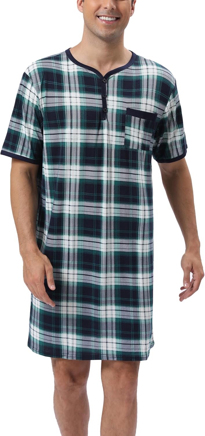 Nachthemd voor heren, katoenen pyjama met lange mouwen, korte mouwen, pyjama-bovenstuk, lang T-shirt, ronde hals met knopen, huiskleding, grote maat, zacht, comfortabel