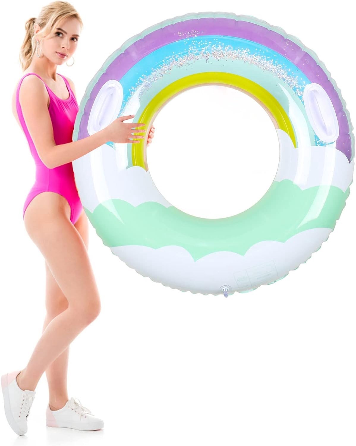 Opblaasbare Zwemring voor Volwassenen met Pailletten en Regenbooghandvat - Perfect voor Zwembad, Badkamer en Zomerse Feestjes
