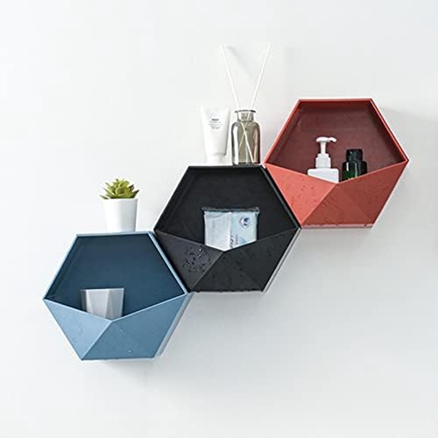 Zeshoek opbergrek Wall Mount Drijvende Plank Display Bloempot Houder Opknoping Planken Wanddecoratie (Color : BK)