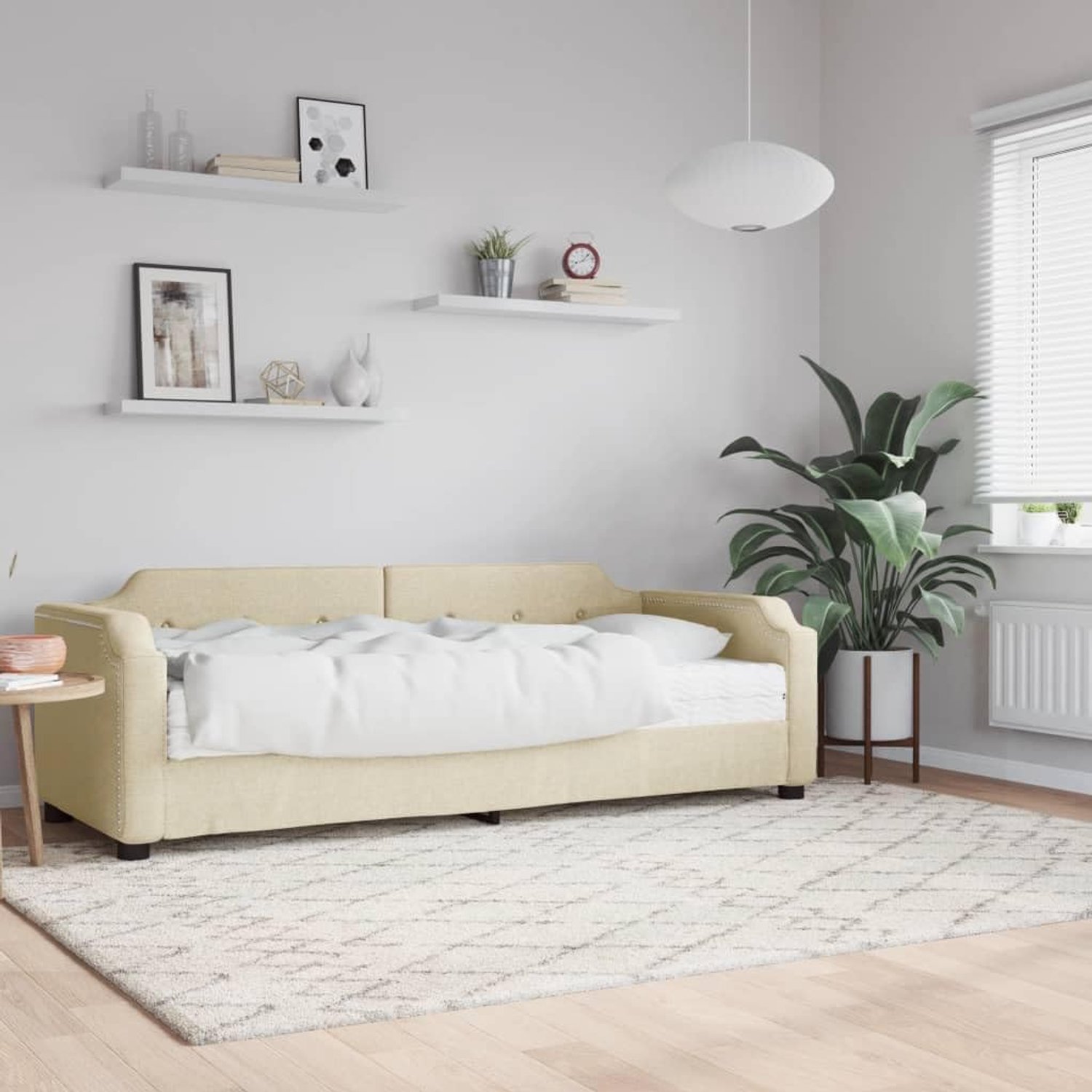 Bedframe met matras, crème, 100 x 200 cm, stof, bedframe voor woonkamer, slaapkamer, hotelbedframe, geschikt voor slaapkamer