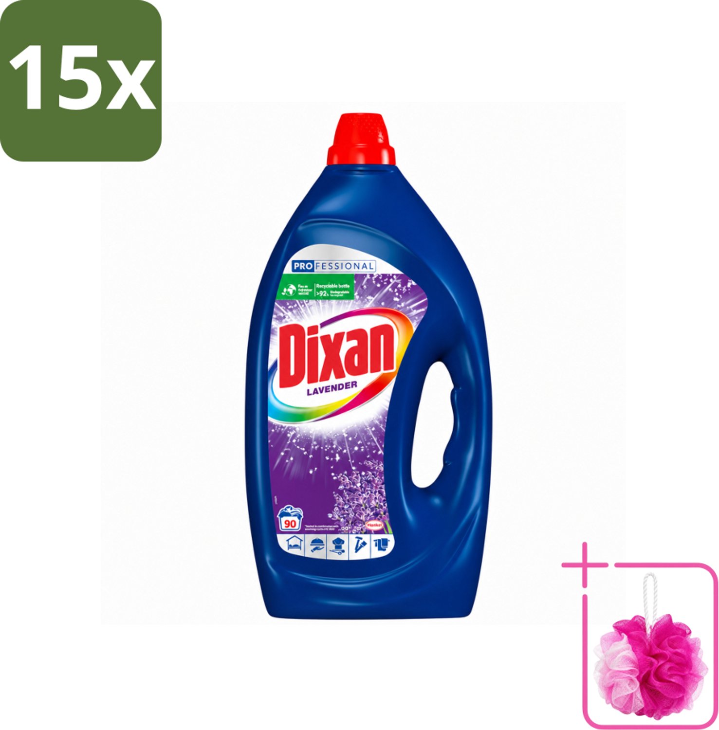 15 x Dixan - Vloeibaar wasmiddel - Fresh Lavender - Professional - 90 wasbeurten - Bulkverpakking - Wasmiddel - Douchemop - Waskracht