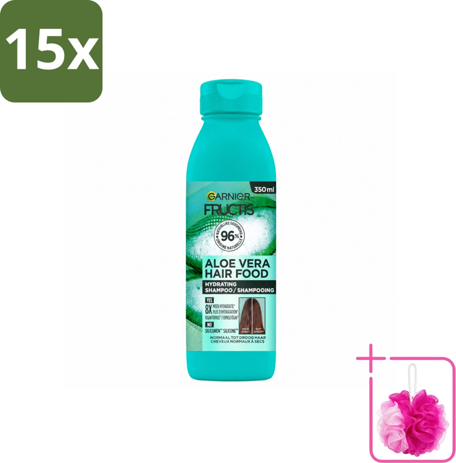 15 x Garnier - Fructis Hair Food Aloe Vera - Shampoo - Normaal tot Droog Haar - 350 ml - Bulkverpakking - Aloe Vera shampoo - Douchemop - Hydratatie haar