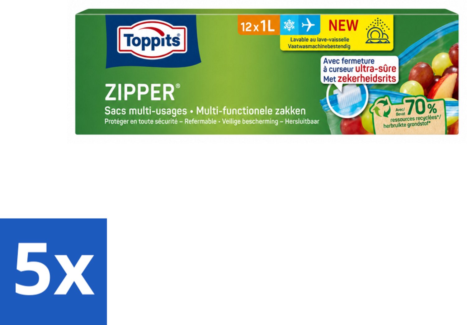 5 x Toppits – Zipper Multifunctionele Zakken – 1 Liter – 12 Zakjes - Voordeelverpakking - 5 stuks