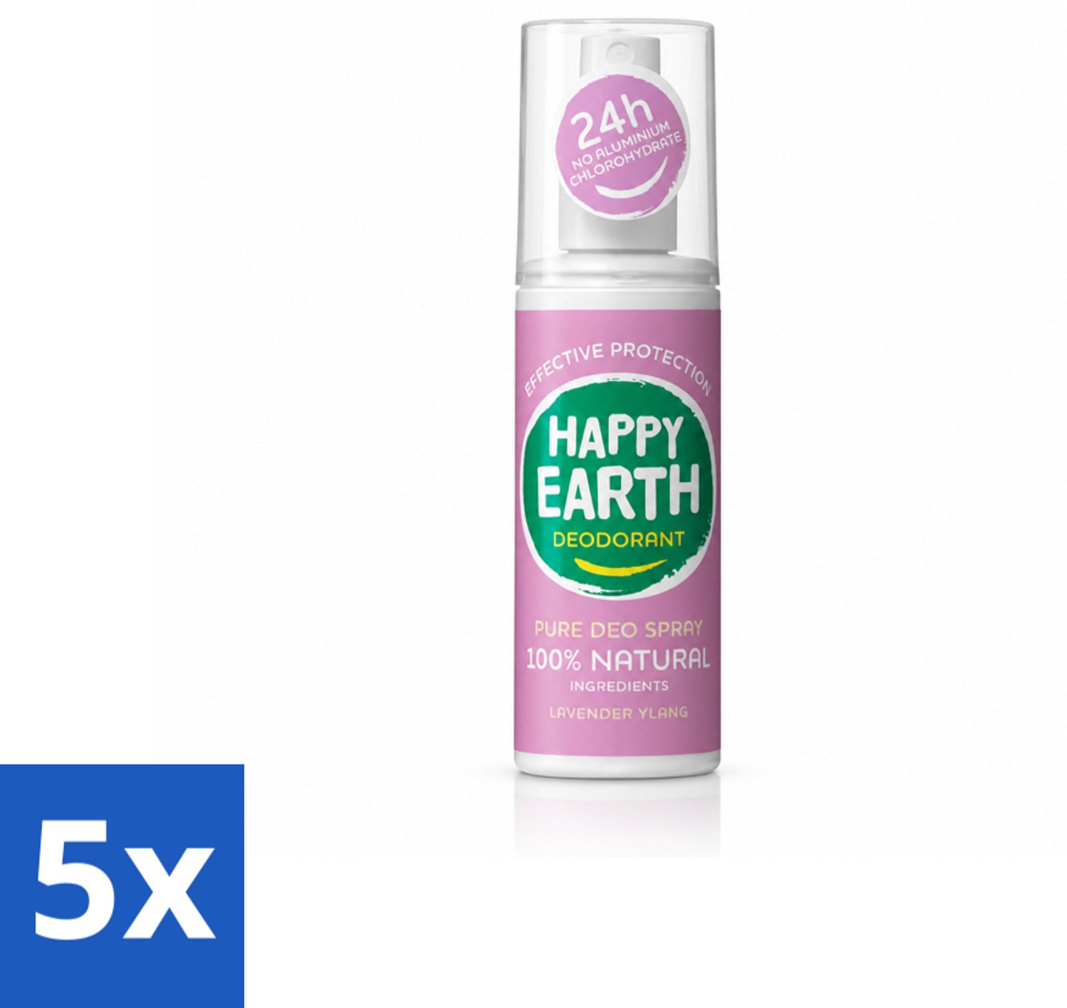 5 x Happy Earth – Deodorant Spray – 100% Natuurlijk Lavender Ylang – 100 ml - Voordeelverpakking - 5 stuks