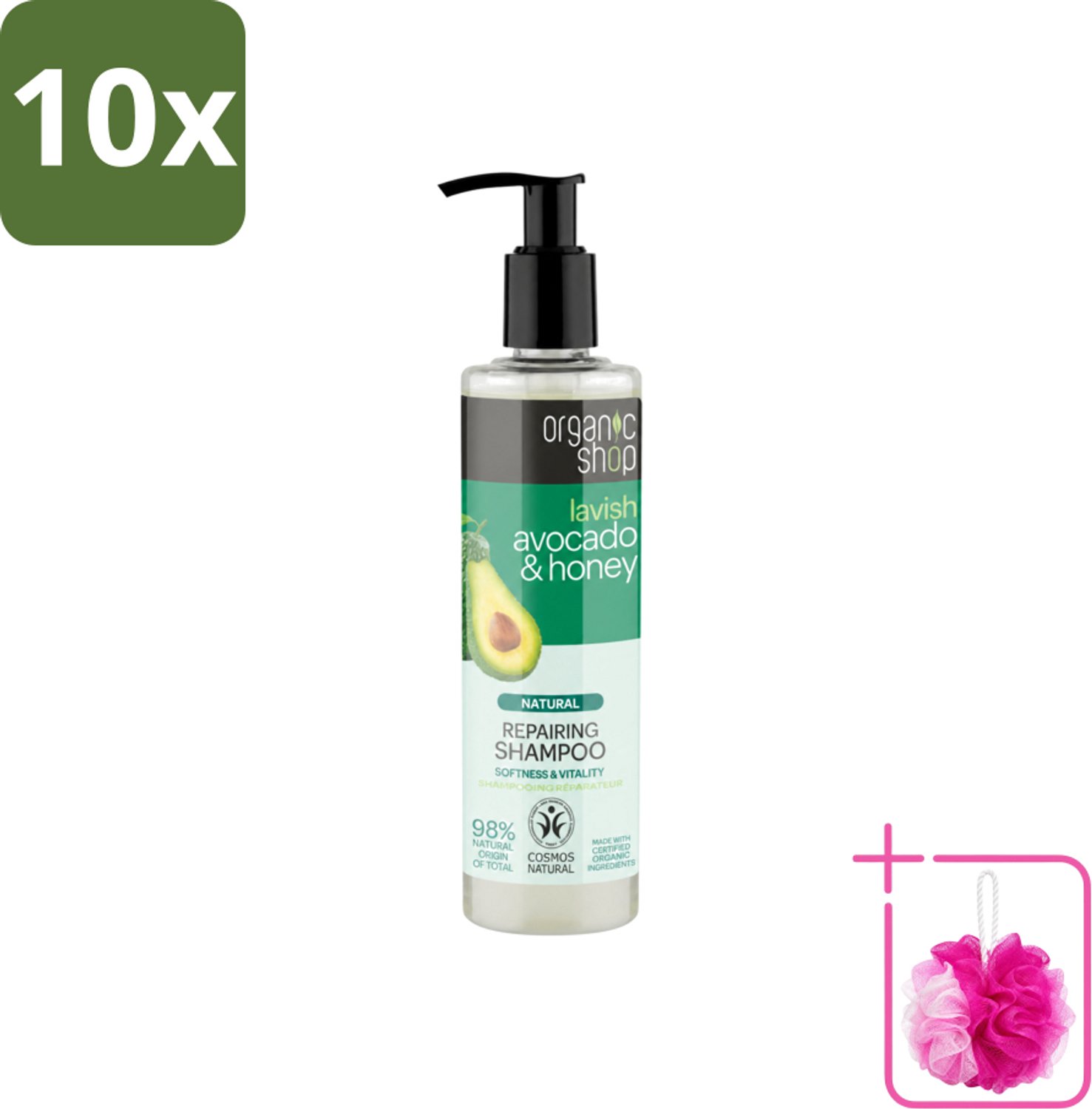 10 x Organic Shop - Natural Repairing Shampoo - Avocado & Honey - Hydraterend en Herstellend - 280 ml - Bulkverpakking - Natuurlijke shampoo - Douchemop - Avocado en honing