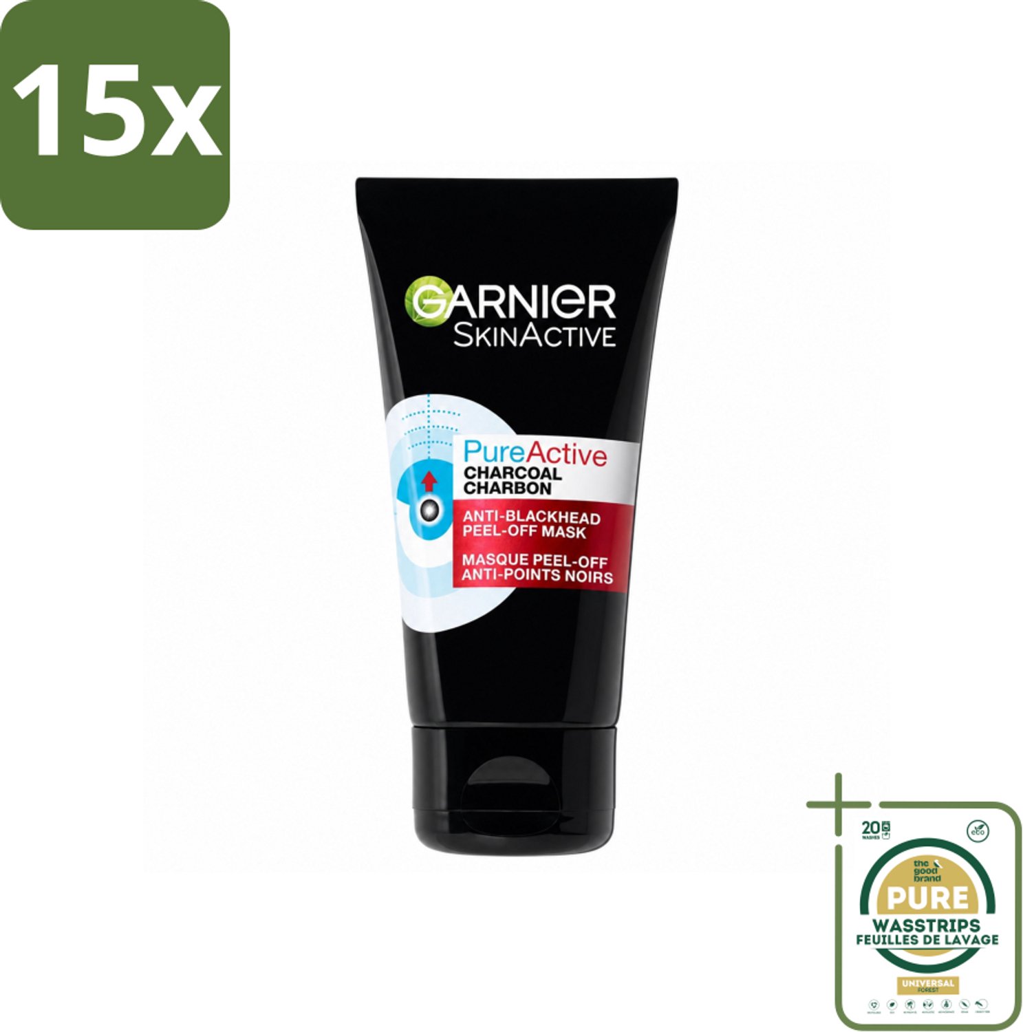 15 x Garnier - Pure Active - Peel-Off Masker - Charcoal - 50 ml - Wasstrips - Huid Reinigen - Mee-eters Verwijderen - Poriën Verfijnen - Houtskool Masker - Salicylzuur Masker