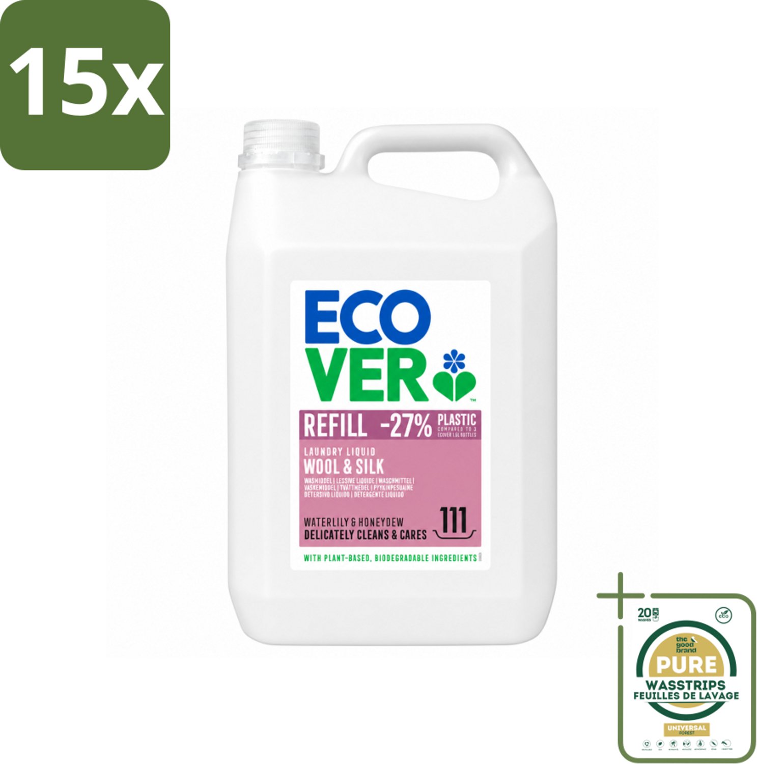 15 x Ecover - Vloeibaar wasmiddel - Wol & Fijnwas - Waterlelie & Honingmeloen - 5 liter - 111 wasbeurten - Wasstrips - Wasmiddel Wol - Fijnwas - Zachte Wasmiddel - Delicate Stoffen - Waterlelie Geur