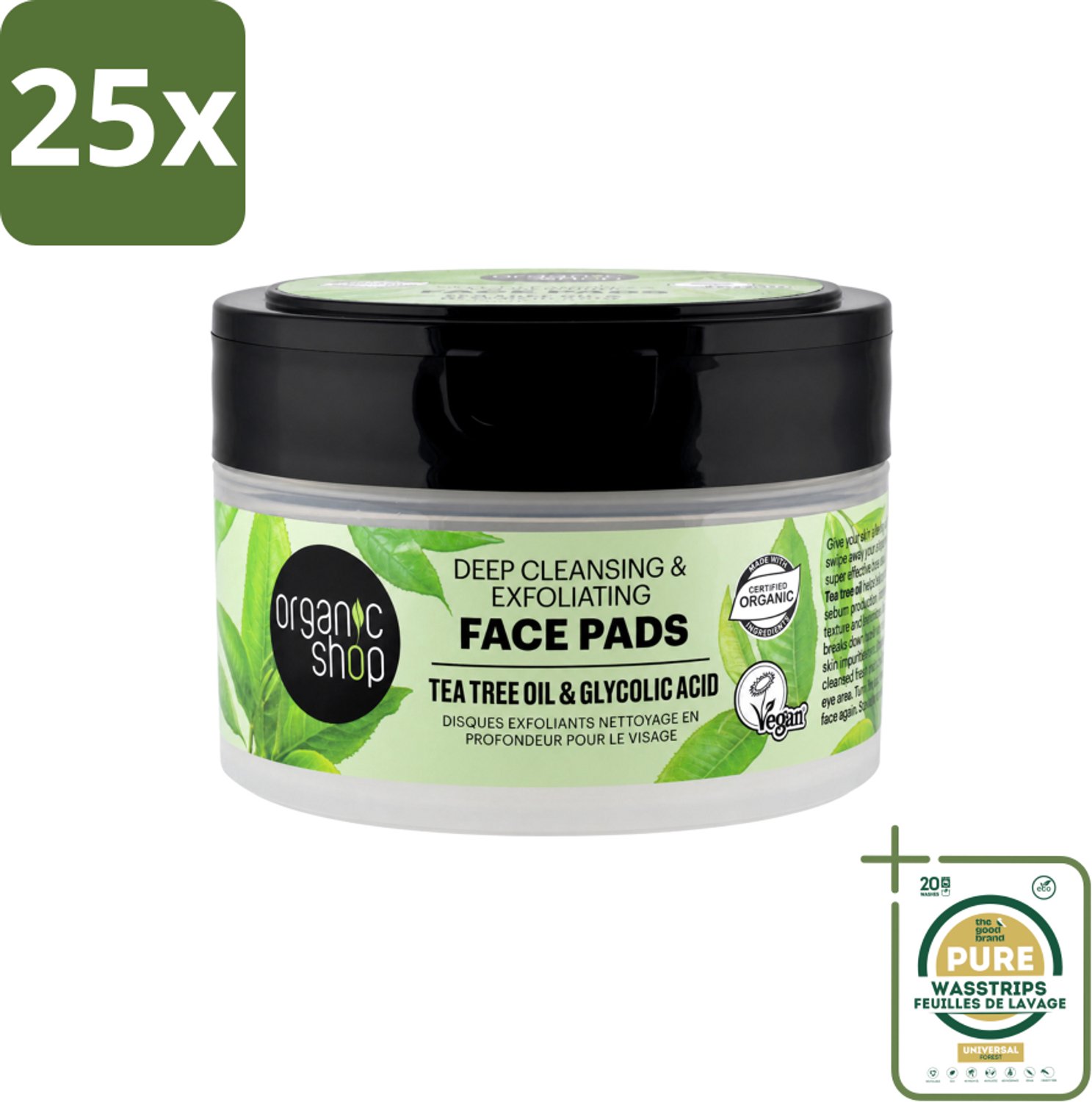25 x Organic Shop - Face Pads Deep Cleansing - Verfrissend en Reinigen - 20 Pads - Wasstrips - Gezichtsreiniging - Diepe Reiniging - Tea Tree Olie - Glycolzuur - Exfolierend