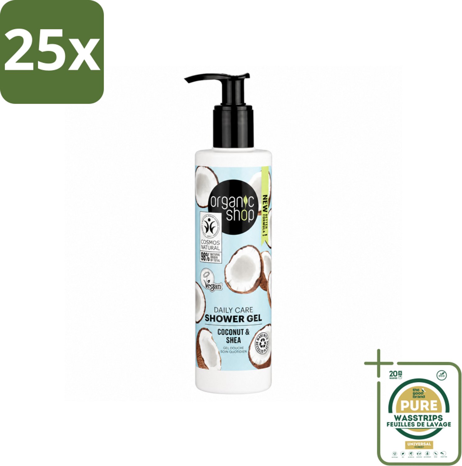25 x Organic Shop - Daily Care Coconut & Shea Shower Gel - Hydratatie & Verzorging - 280 ml - Wasstrips - Douchegel - Natuurlijke Douchegel - Hydraterende Douchegel - Biologische Douchegel - Kokosdouchegel