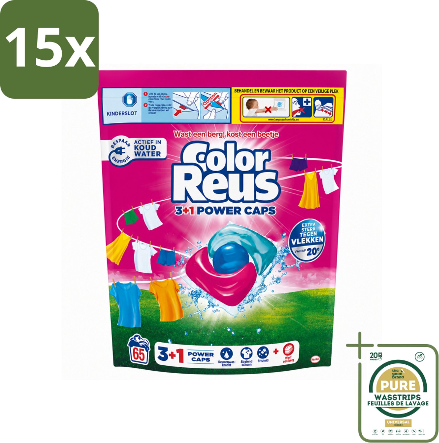 15 x Color Reus - 3+1 Power Caps - Gekleurde Was - 65 Wasbeurten - Wasstrips - Kleurbehoud - Wasmiddel - Wasresultaat - Vlekverwijdering - Krachtige Was