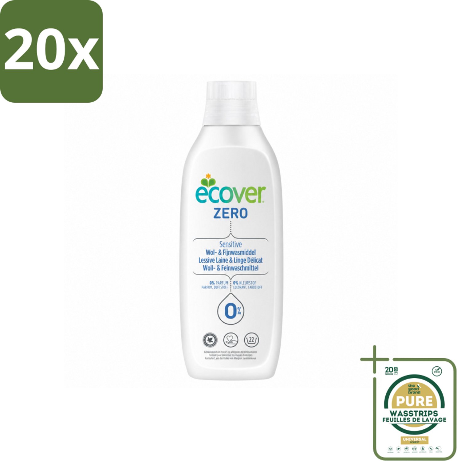 20 x Ecover - Vloeibaar wasmiddel - Wol & Fijnwas - 1 liter - Wasstrips - Wasmiddel Wol - Vloeibaar Wasmiddel - Delicate Stoffen - Zacht Wasmiddel - Koud Wassen