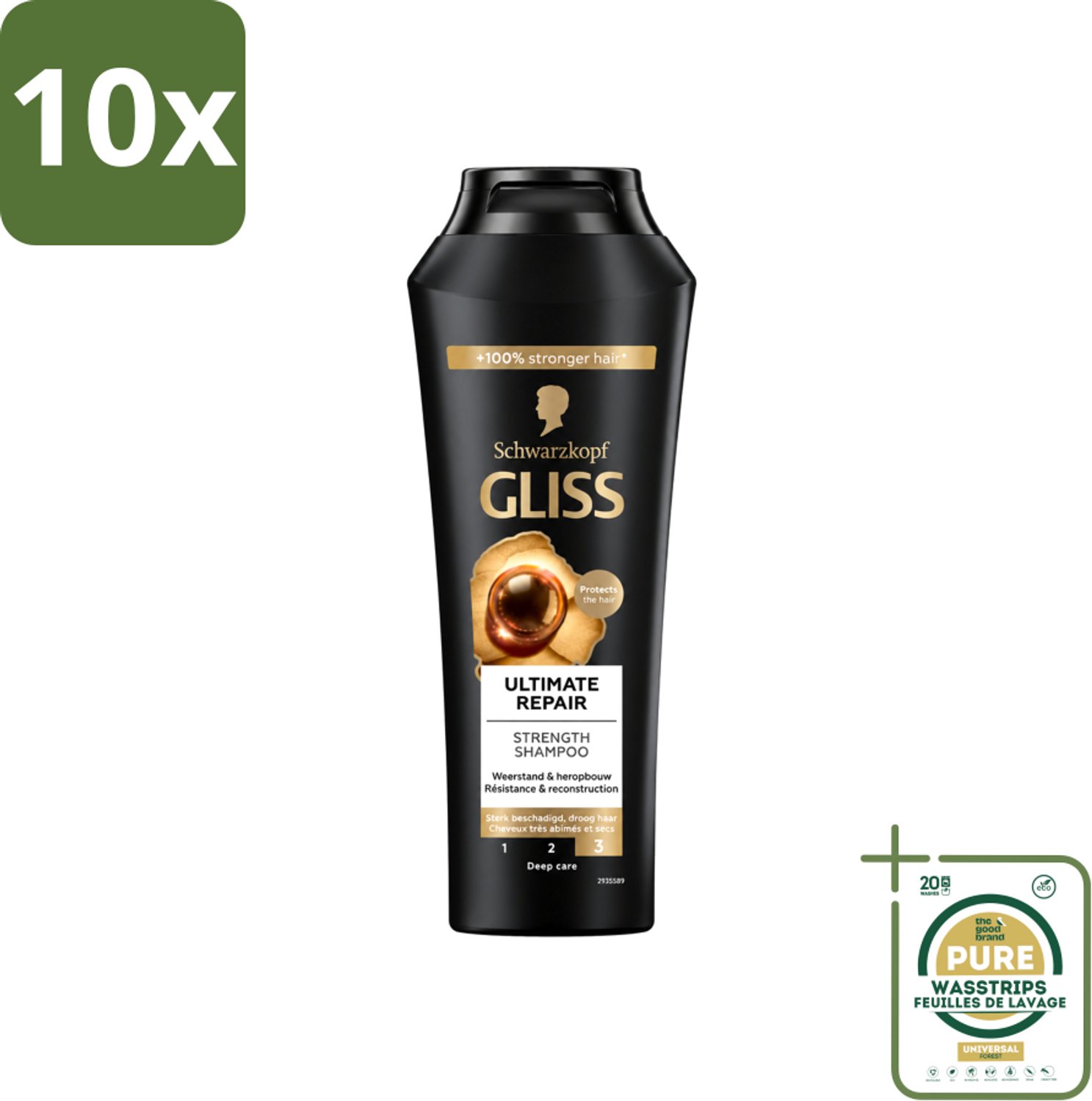10 x Gliss - Shampoo - Ultimate Repair - Voor Intensief Herstel - 250 ml - Wasstrips - Herstel Haar - Beschadigd Haar - Droog Haar - Haarbreuk - Keratine Shampoo